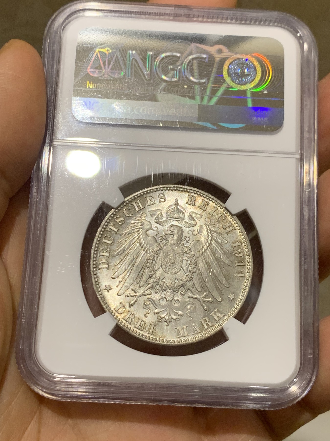 《竞宝斋》第225场-周日，周一，周二 3场 (全场包邮) NGC MS65 德国1911年巴伐利亚柳特波德90大寿3马克银币