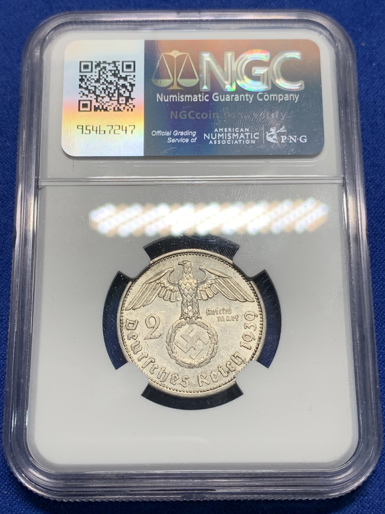 《竞宝斋》第225场-周日，周一，周二 3场 (全场包邮) NGC AU55 德国1939年A厂兴登堡2马克银币