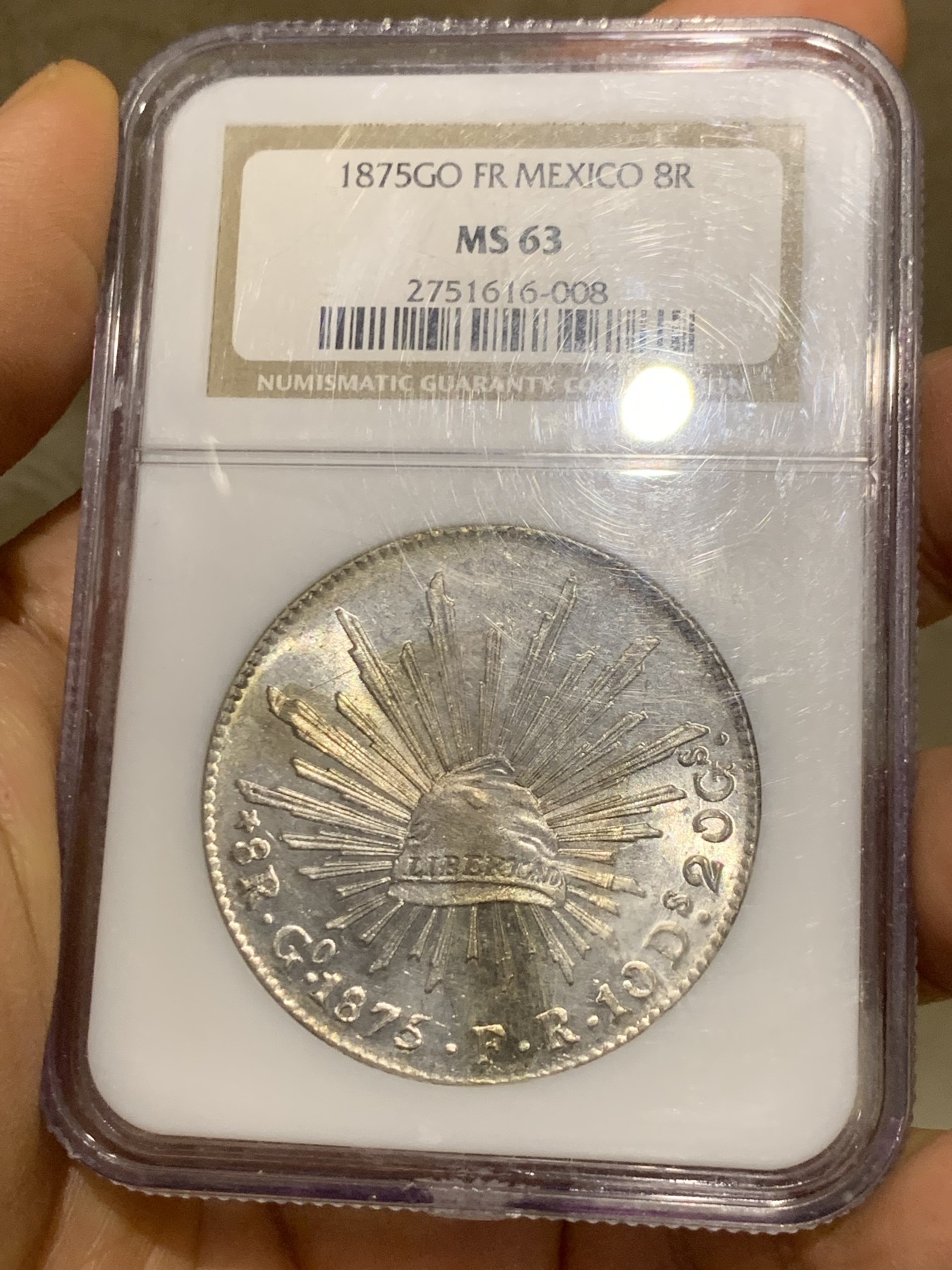 《竞宝斋》第225场-周日，周一，周二 3场 (全场包邮) NGC MS63 墨西哥1875年Go版花边鹰洋8瑞尔银币 中期鹰 状态极佳