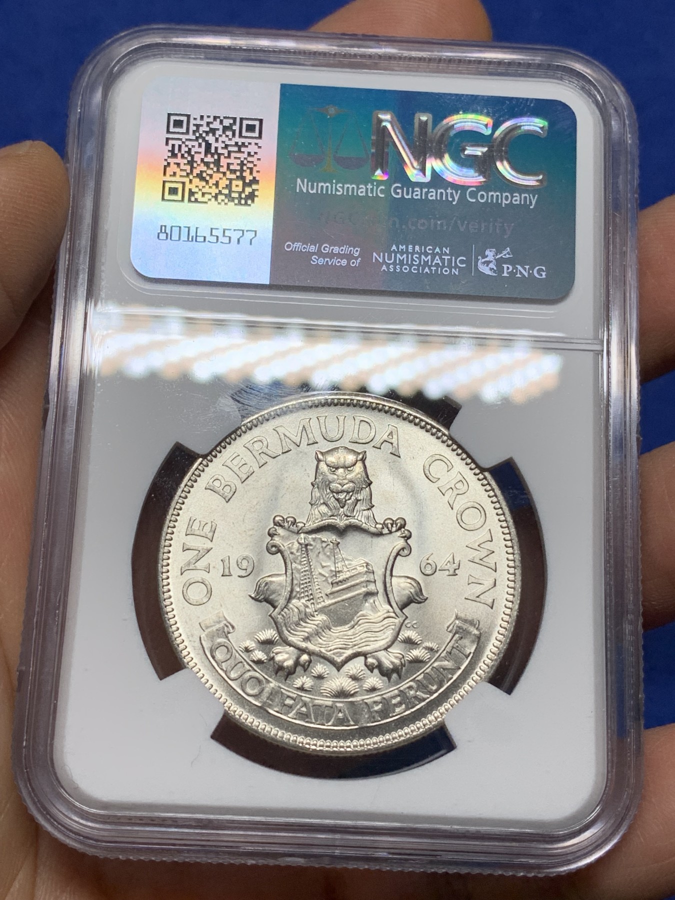 《竞宝斋》第225场-周日，周一，周二 3场 (全场包邮) NGC MS66英属百慕大群岛1964年伊丽莎白二世1克朗大银币 原装卷拆高分 收藏级