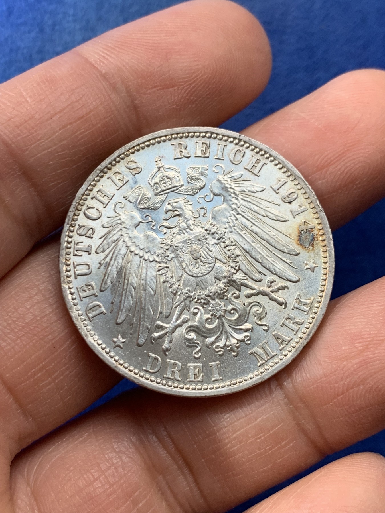 《竞宝斋》第225场-周日，周一，周二 3场 (全场包邮) 德国巴伐利亚路德维希三世3马克银币，原光状态，发行量71.7万枚