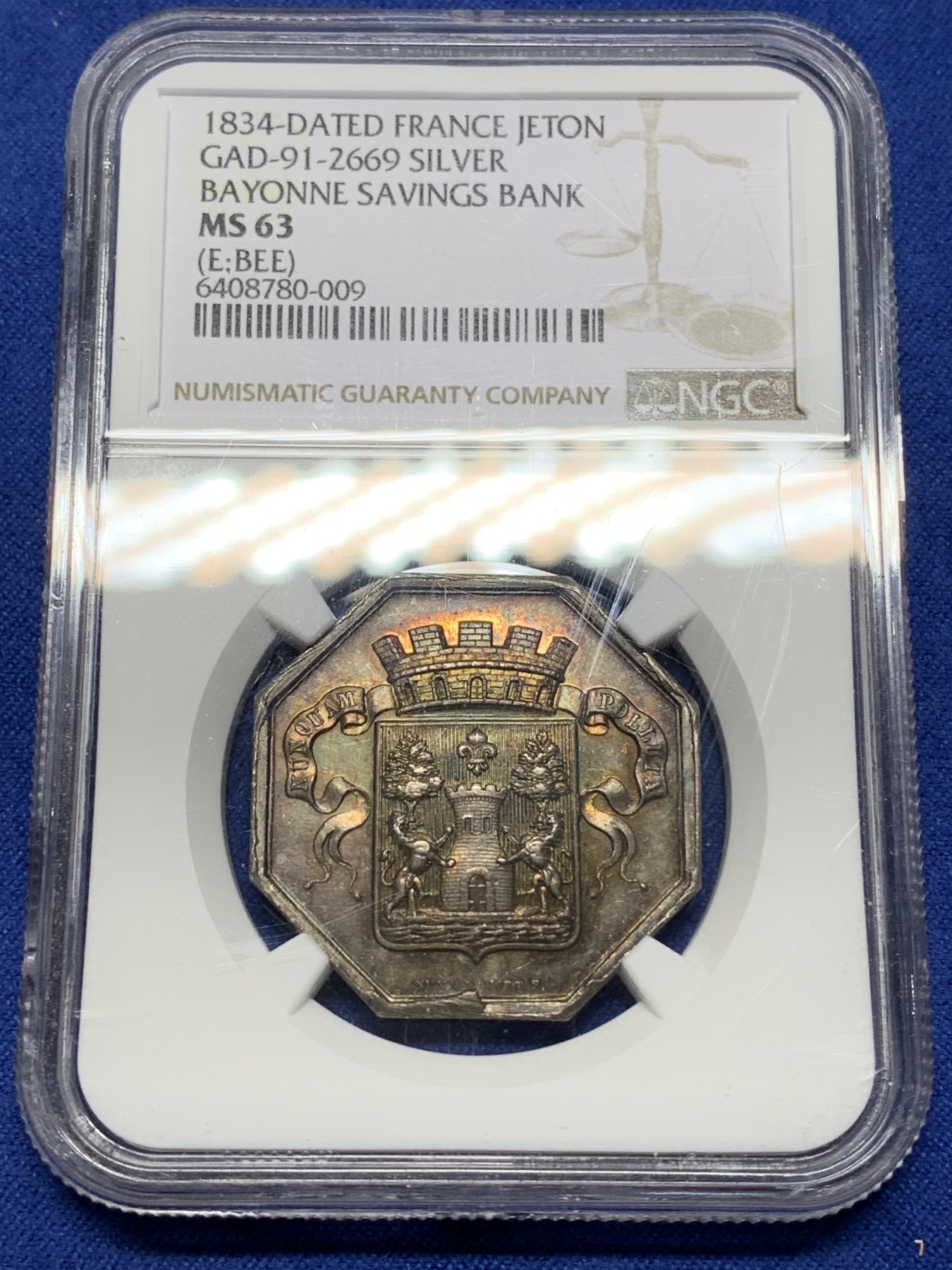 《竞宝斋》第225场-周日，周一，周二 3场 (全场包邮) NGC-MS63 法国1834年巴约讷银行 银制JETON 百年老包浆 高浮雕非常漂亮