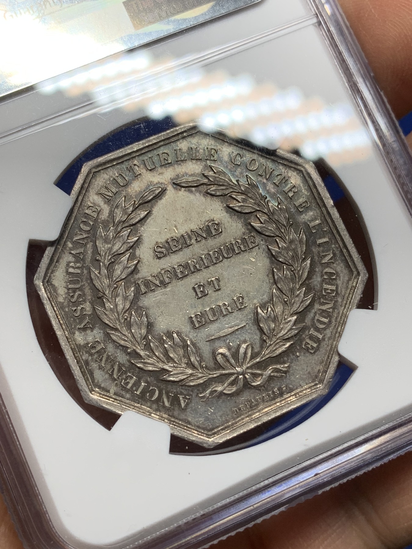 《竞宝斋》第225场-周日，周一，周二 3场 (全场包邮) NGC-MS62 法国1843年 塞纳河仙鹤 大型八角银质JETON 顶级好品