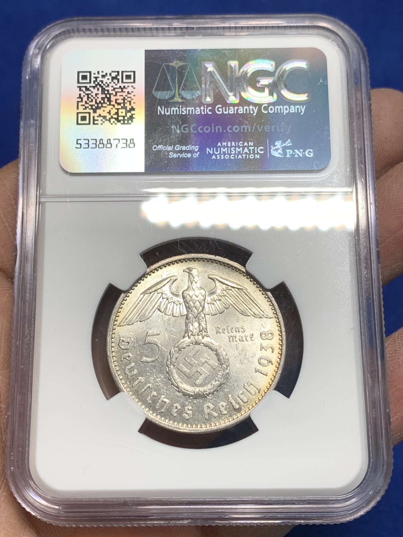 《竞宝斋》第225场-周日，周一，周二 3场 (全场包邮) NGC MS62 德国1938年A厂兴登堡5马克银币