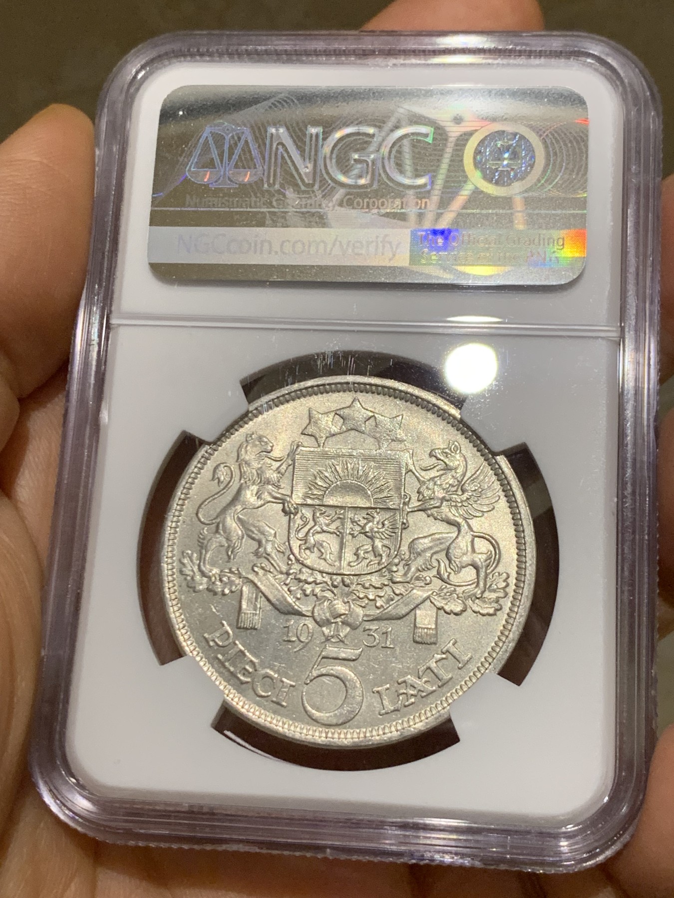 《竞宝斋》第225场-周日，周一，周二 3场 (全场包邮) NGC MS63 拉脱维亚 1931年谷物女神5拉特大银币