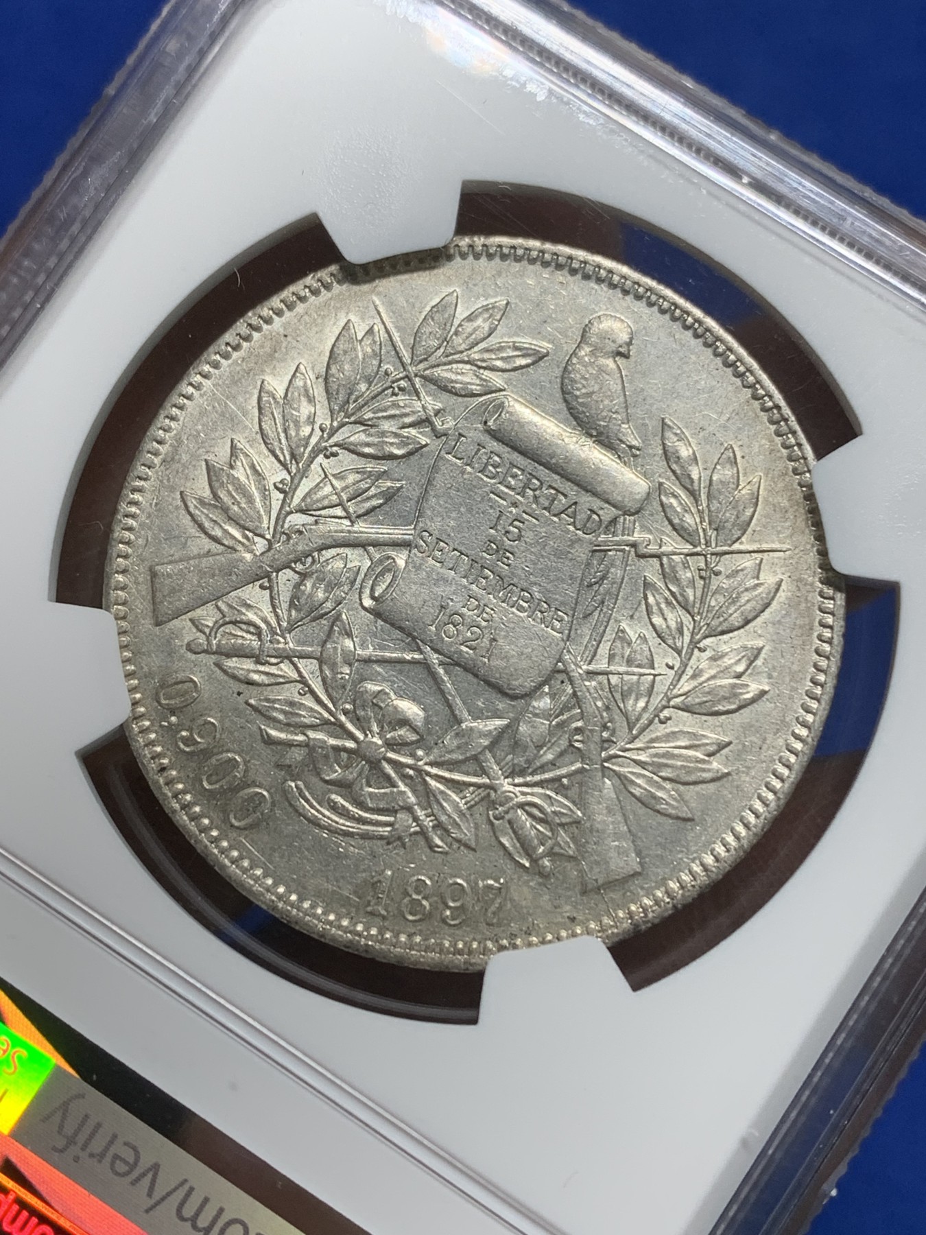 《竞宝斋》第225场-周日，周一，周二 3场 (全场包邮) NGC-AU58 危地马拉1897年1比索大银币 少见年份