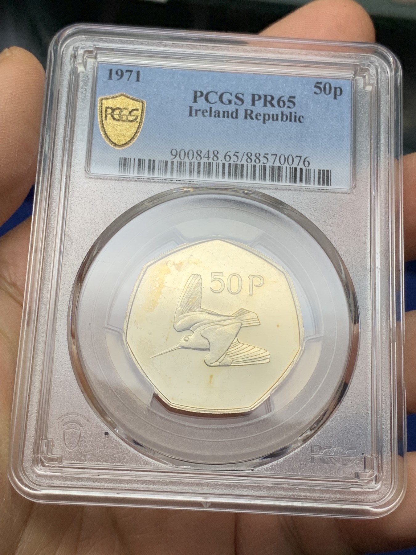 《竞宝斋》第225场-周日，周一，周二 3场 (全场包邮) PCGS金盾 PR65 爱尔兰1971年寒雀50便士精制镍币