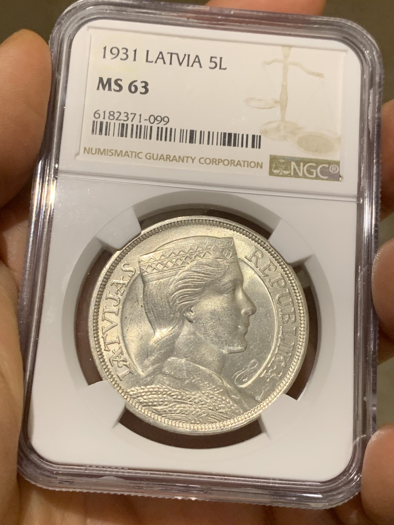 《竞宝斋》第225场-周日，周一，周二 3场 (全场包邮) NGC MS63 拉脱维亚 1931年谷物女神5拉特大银币