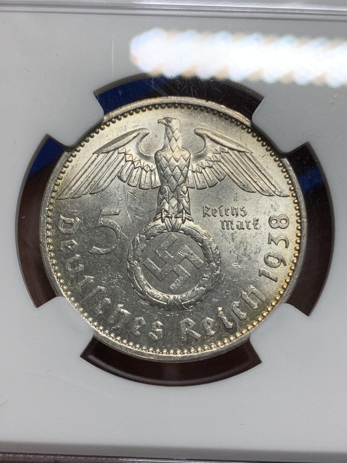 《竞宝斋》第225场-周日，周一，周二 3场 (全场包邮) NGC MS62 德国1938年A厂兴登堡5马克银币