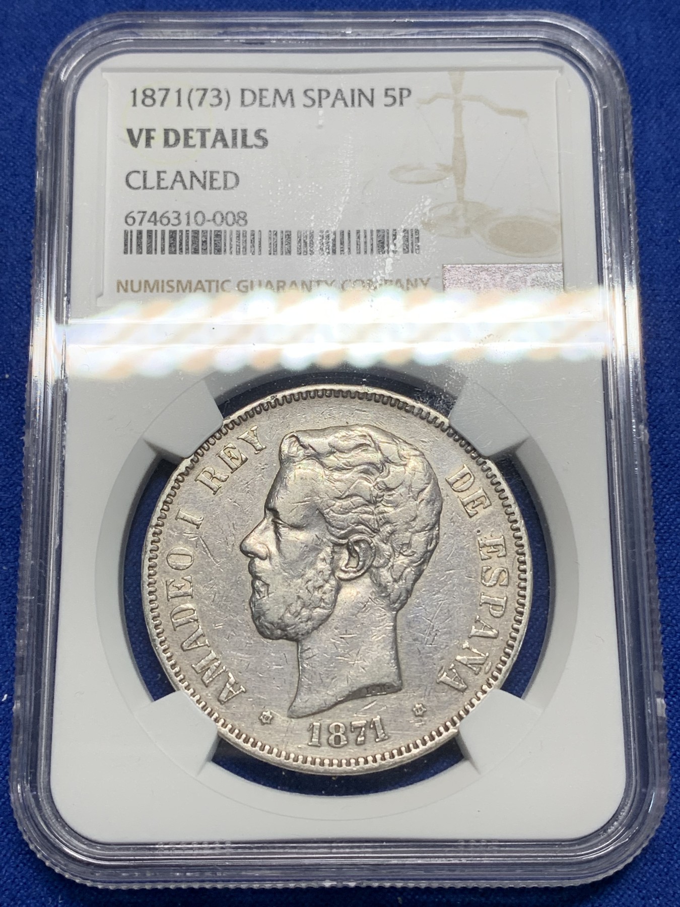 《竞宝斋》第225场-周日，周一，周二 3场 (全场包邮) NGC VFD 西班牙1871年阿玛迪奥一世5比塞塔银币