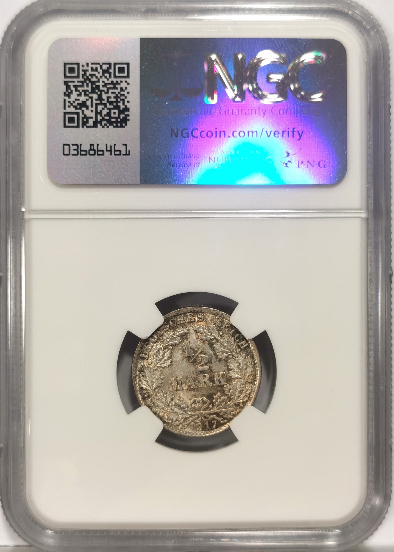 博洋堂世界钱币拍卖第057期（全场包邮） NGC MS65 德国第二帝国1917年D版1/2马克银币