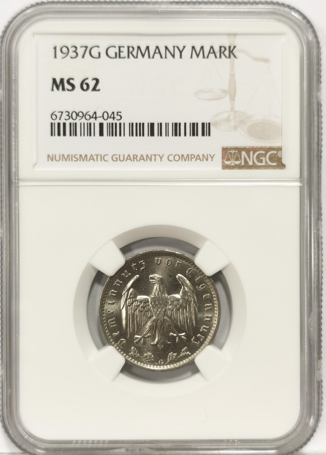 博洋堂世界钱币拍卖第057期（全场包邮） NGC MS62 德国第三帝国1937年G版1马克镍币
