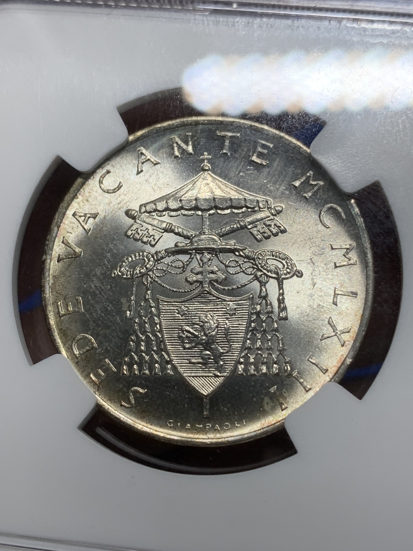 《竞宝斋》第225场-周日，周一，周二 3场 (全场包邮) NGC-MS63 梵蒂冈 1963年 500里拉教皇缺位银币 转光明显