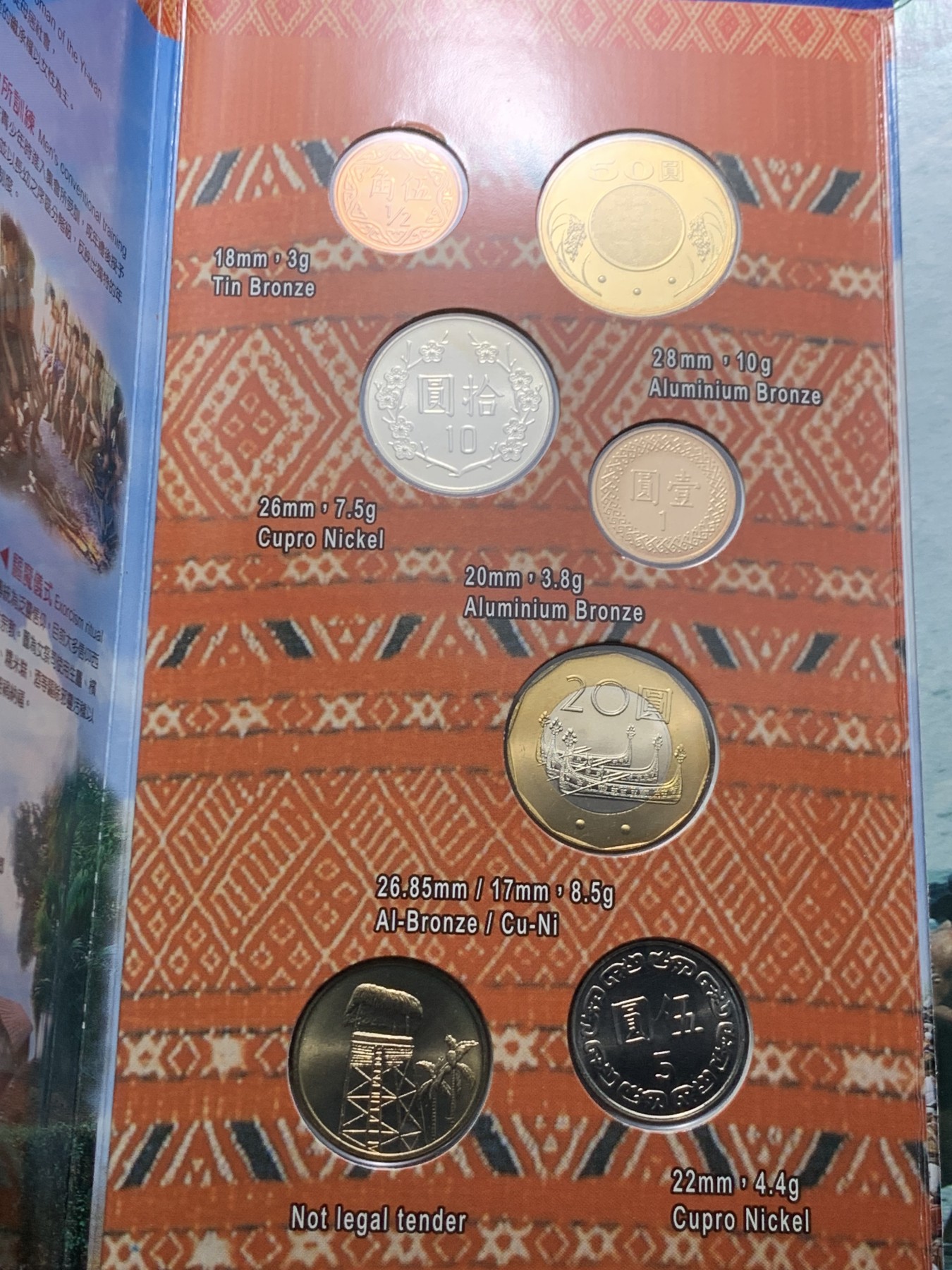《竞宝斋》第225场-周日，周一，周二 3场 (全场包邮) 台湾省原住民套币 阿美族 伍角 伍元 莫那鲁道二十元为未流通年份 含阿美文化主题章牌