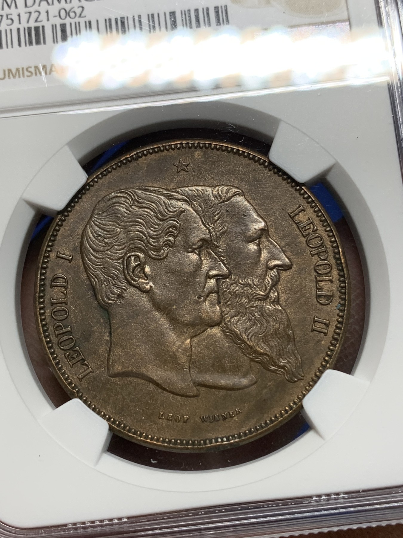 《竞宝斋》第225场-周日，周一，周二 3场 (全场包邮) NGC AUD 1880年比利时5法郎铜章