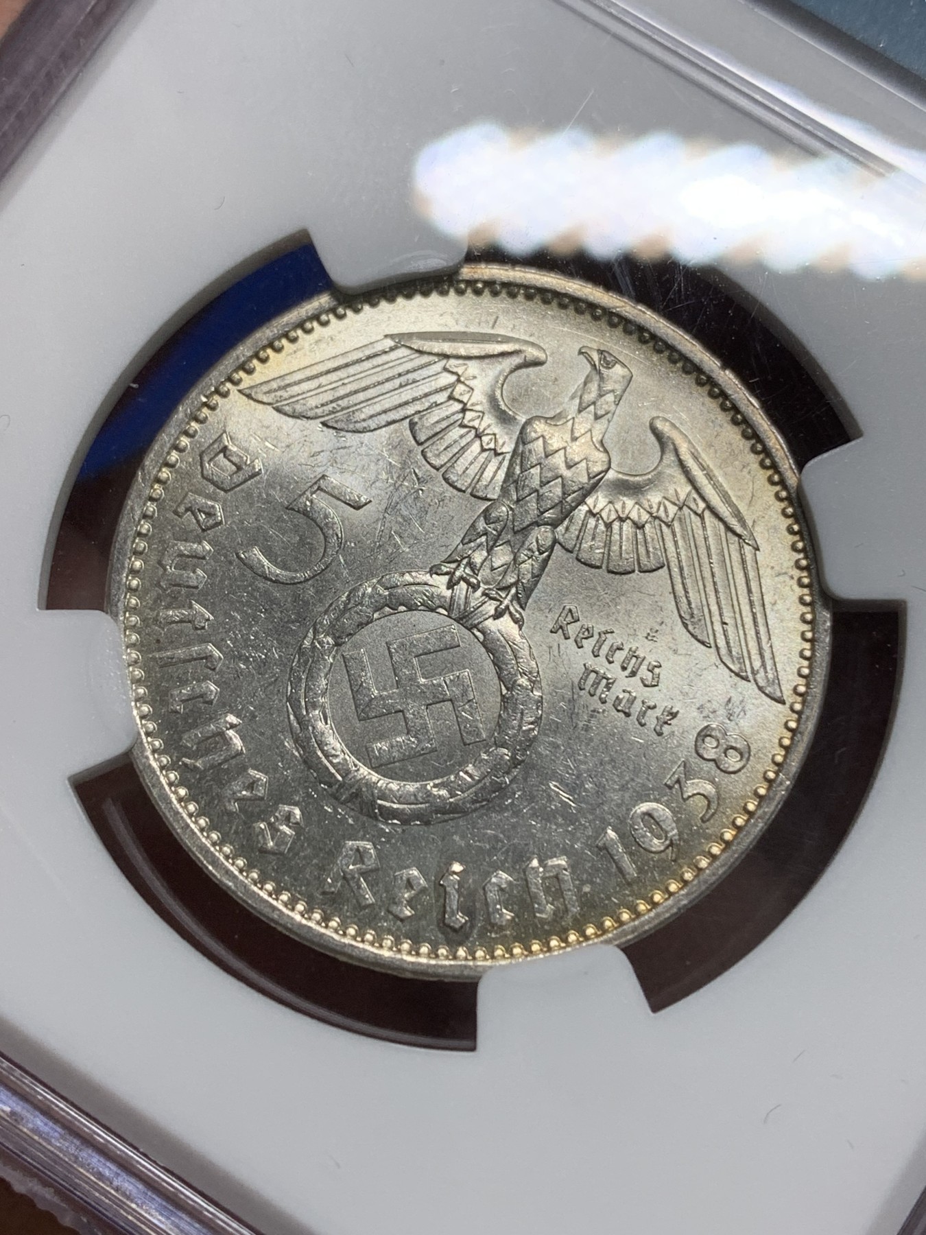 《竞宝斋》第225场-周日，周一，周二 3场 (全场包邮) NGC MS62 德国1938年A厂兴登堡5马克银币