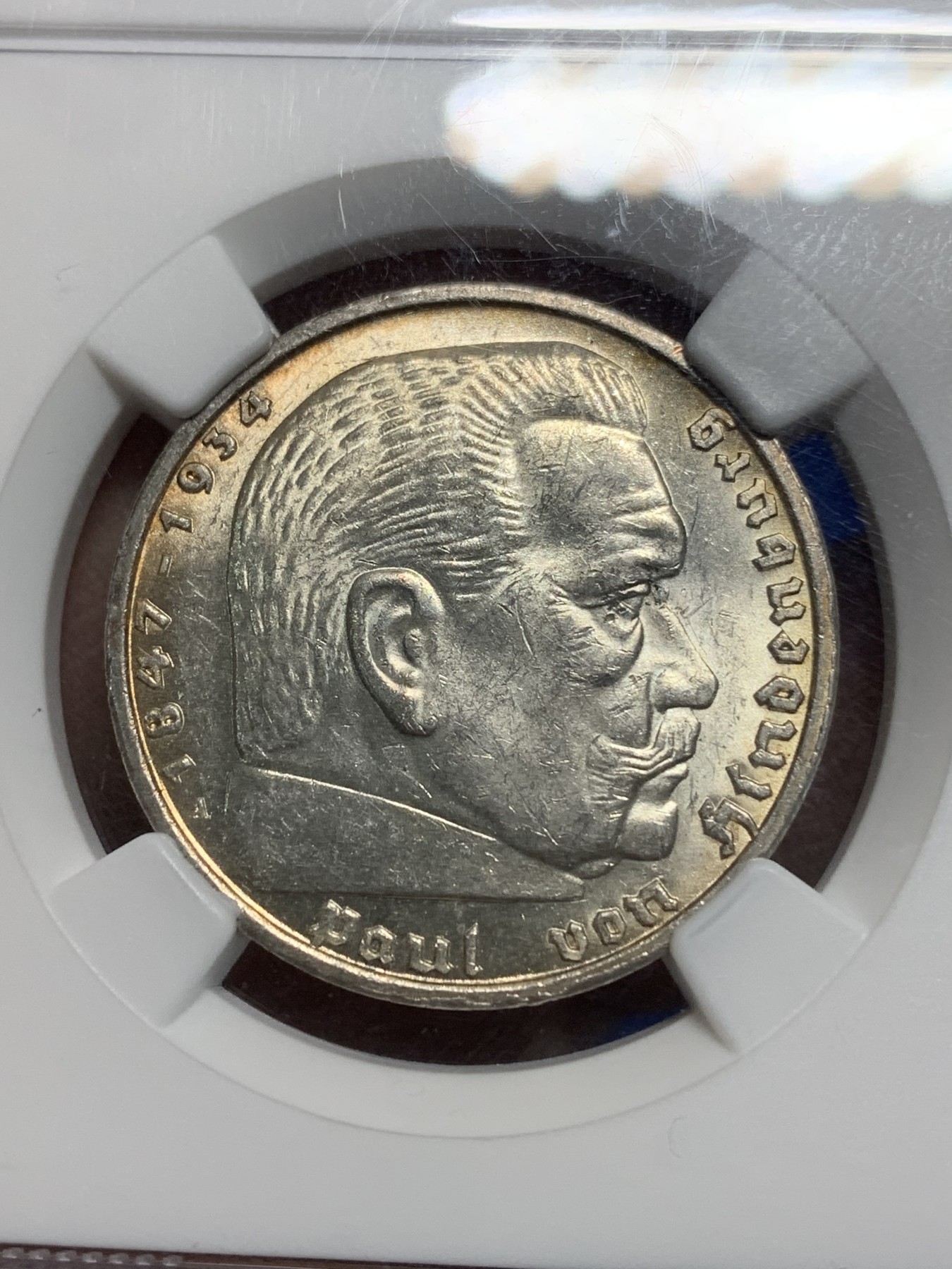 《竞宝斋》第225场-周日，周一，周二 3场 (全场包邮) NGC MS62 德国1938年A厂兴登堡5马克银币