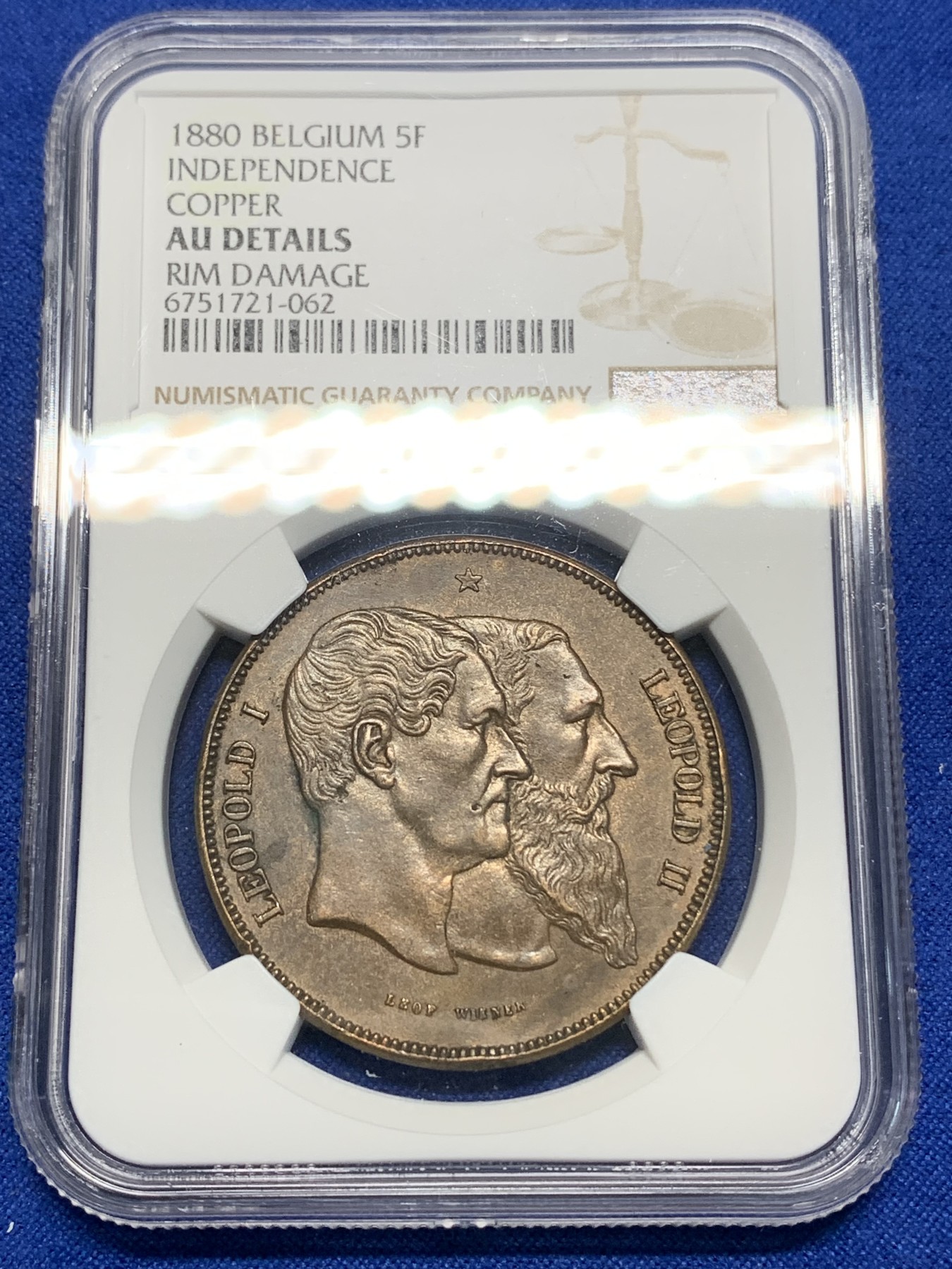 《竞宝斋》第225场-周日，周一，周二 3场 (全场包邮) NGC AUD 1880年比利时5法郎铜章