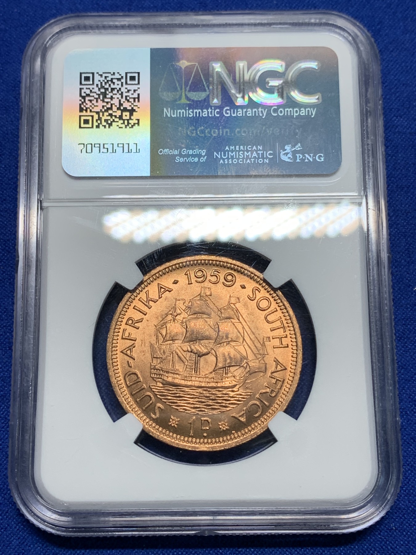 《竞宝斋》第225场-周日，周一，周二 3场 (全场包邮) NGC-MS64 伊丽莎白二世1959年英属南非1便士铜币，光度好收藏一步到位