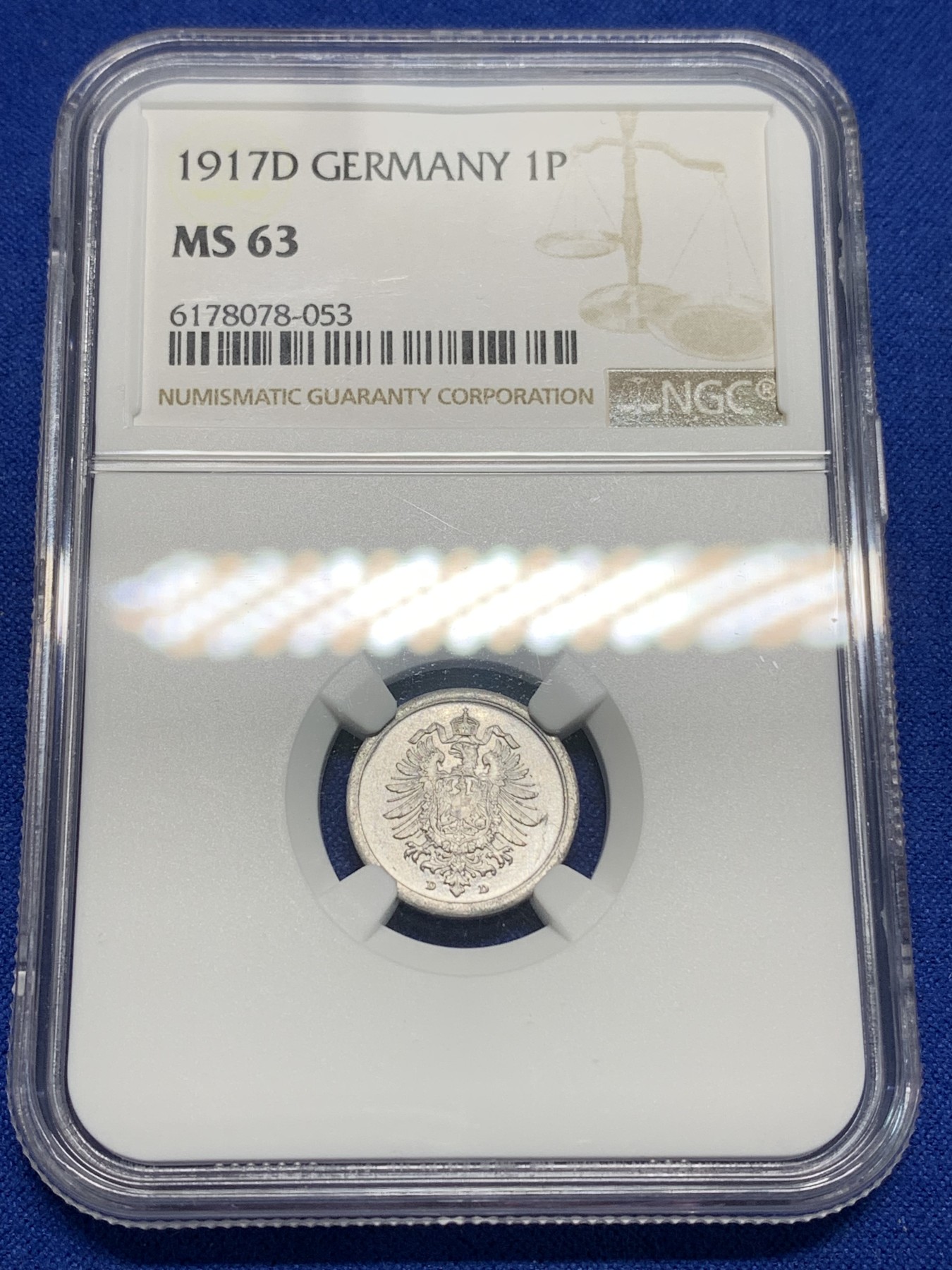 《竞宝斋》第225场-周日，周一，周二 3场 (全场包邮) NGC-MS63 德国（1917年）D厂1芬尼铝币 季军分，少见厂别好品