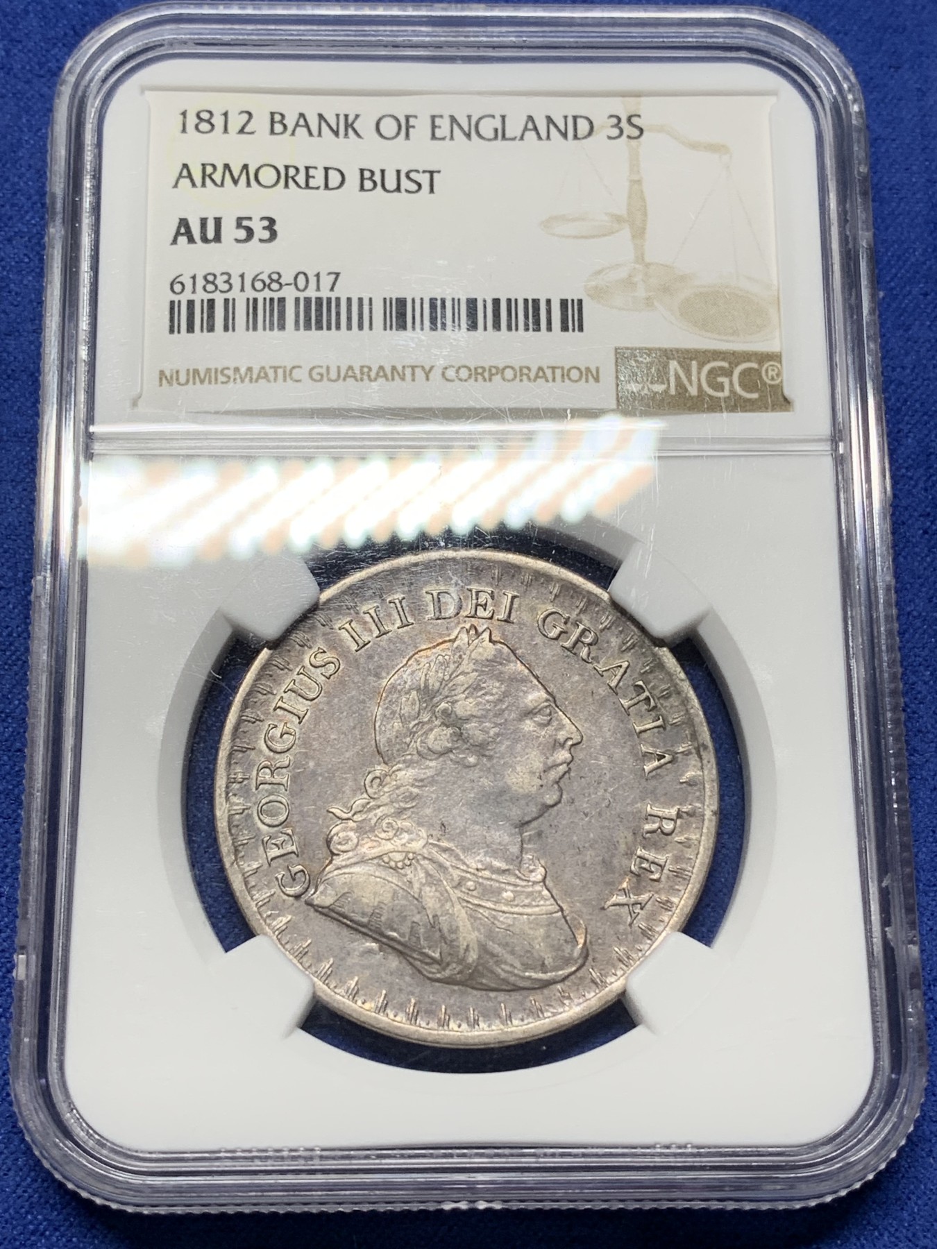 《竞宝斋》第225场-周日，周一，周二 3场 (全场包邮) NGC AU53 英格兰1812年3先令银币