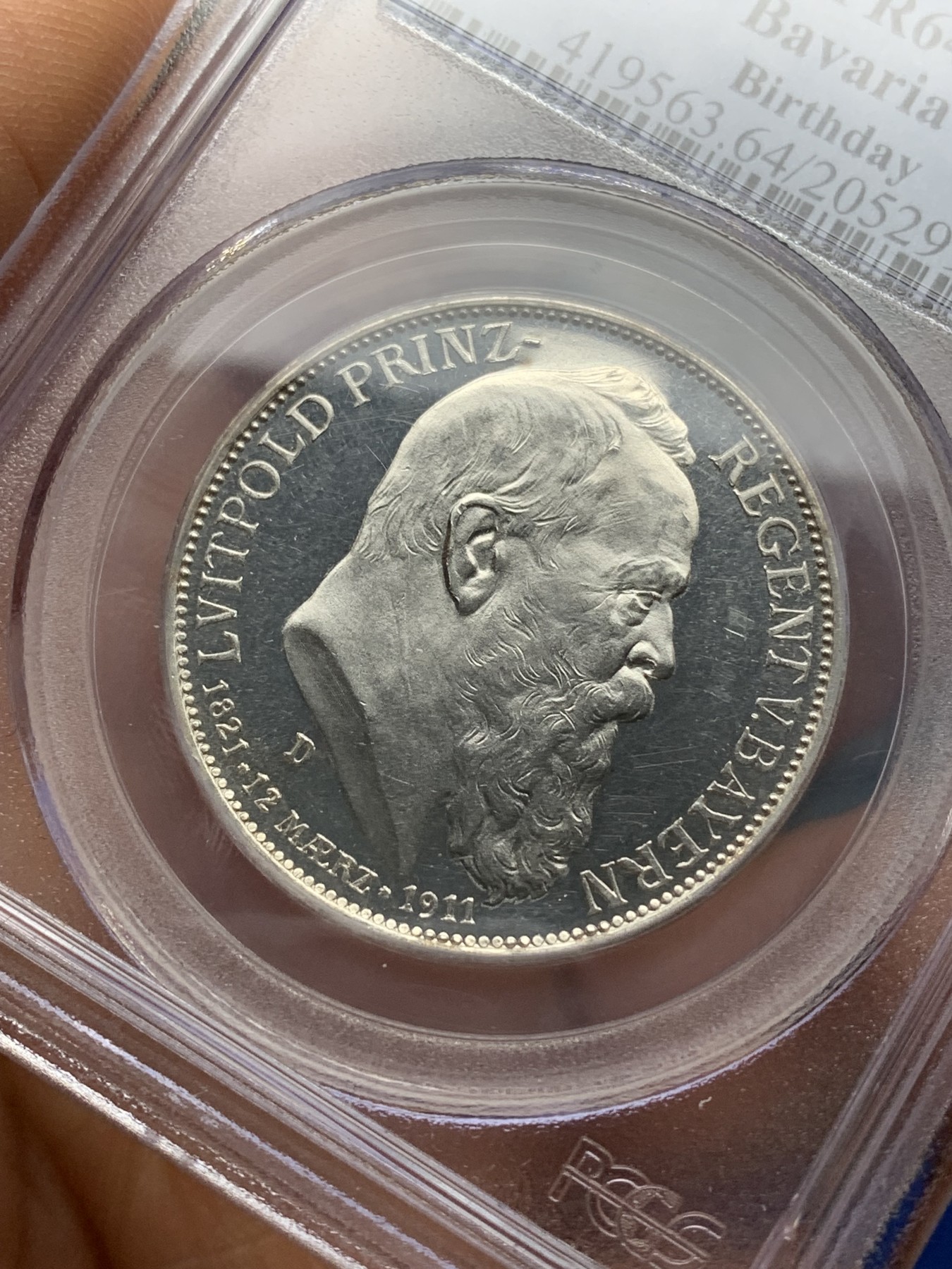 《竞宝斋》第225场-周日，周一，周二 3场 (全场包邮) PCGS-PR64CAM,德国1911年巴伐利亚纪念利奥波德90诞辰3马克精制银币，老白盒精品