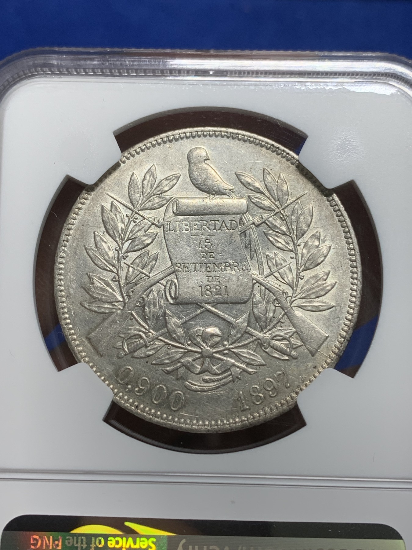 《竞宝斋》第225场-周日，周一，周二 3场 (全场包邮) NGC-AU58 危地马拉1897年1比索大银币 少见年份