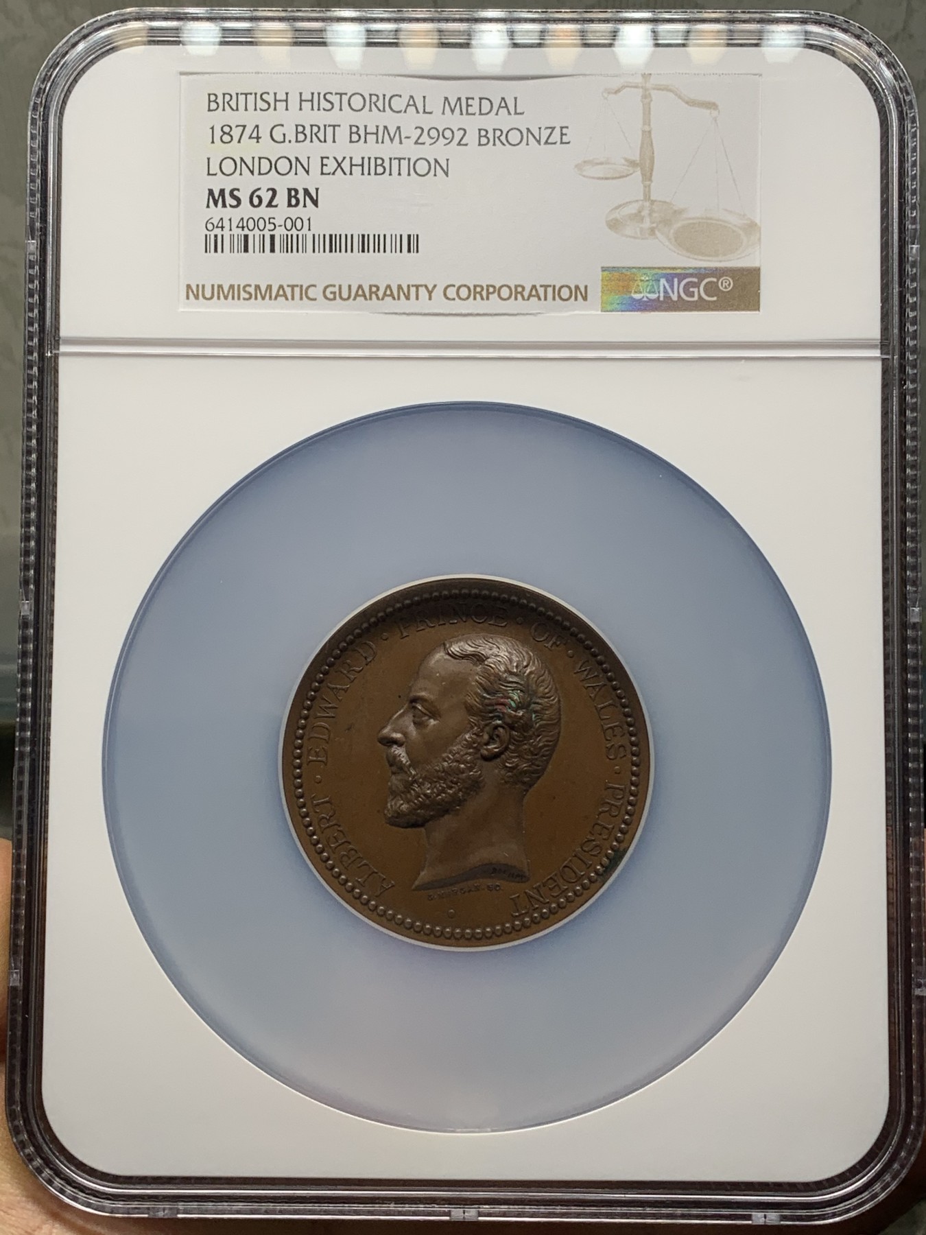 《竞宝斋》第225场-周日，周一，周二 3场 (全场包邮) NGC MS62BN 英国1874伦敦展览纪念铜章 加厚大盒装