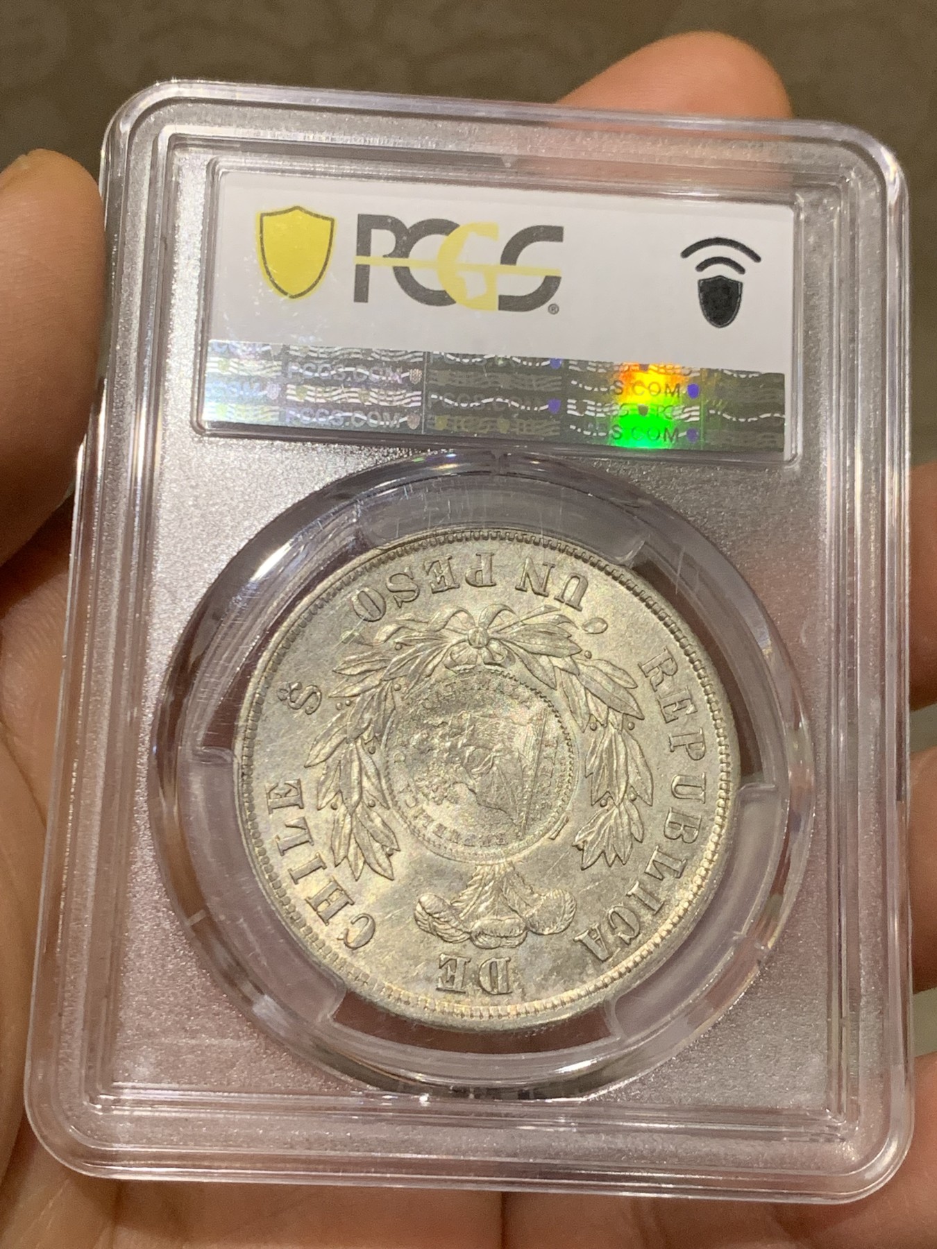 《竞宝斋》第225场-周日，周一，周二 3场 (全场包邮) 冠军分 PCGS-MS62 危地马拉 1894年 加盖 智利比索 热门加盖品种 多为清洗 MS有分较少 光度也非常好 加盖秘鲁常见，智利的少之又少