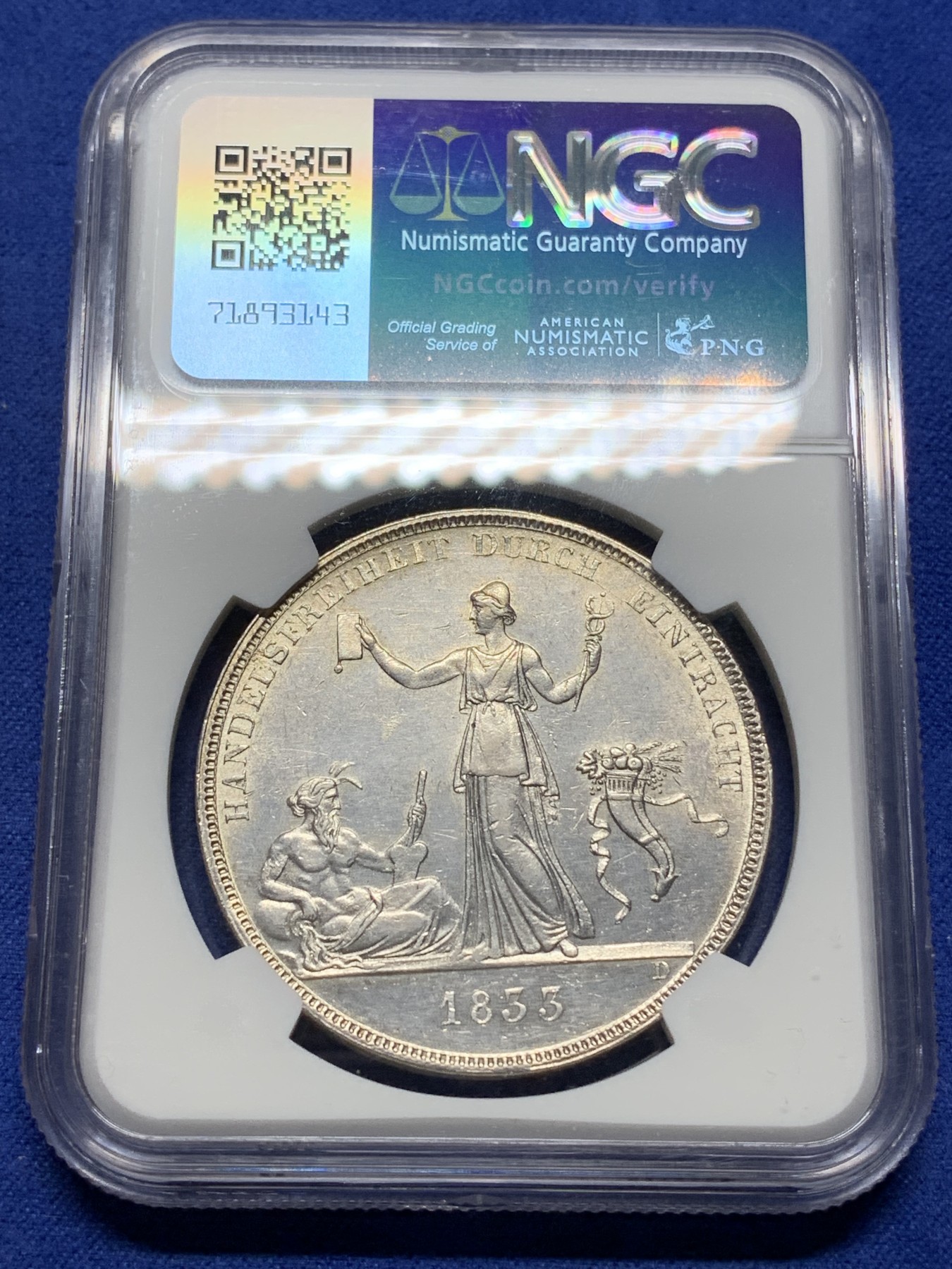 《竞宝斋》第225场-周日，周一，周二 3场 (全场包邮) NGC UNC 德国 1833年 符腾堡 威廉一世 自由贸易流通1泰勒 大银币 重29.49g的早期皇冠泰勒 UNC 性价比好