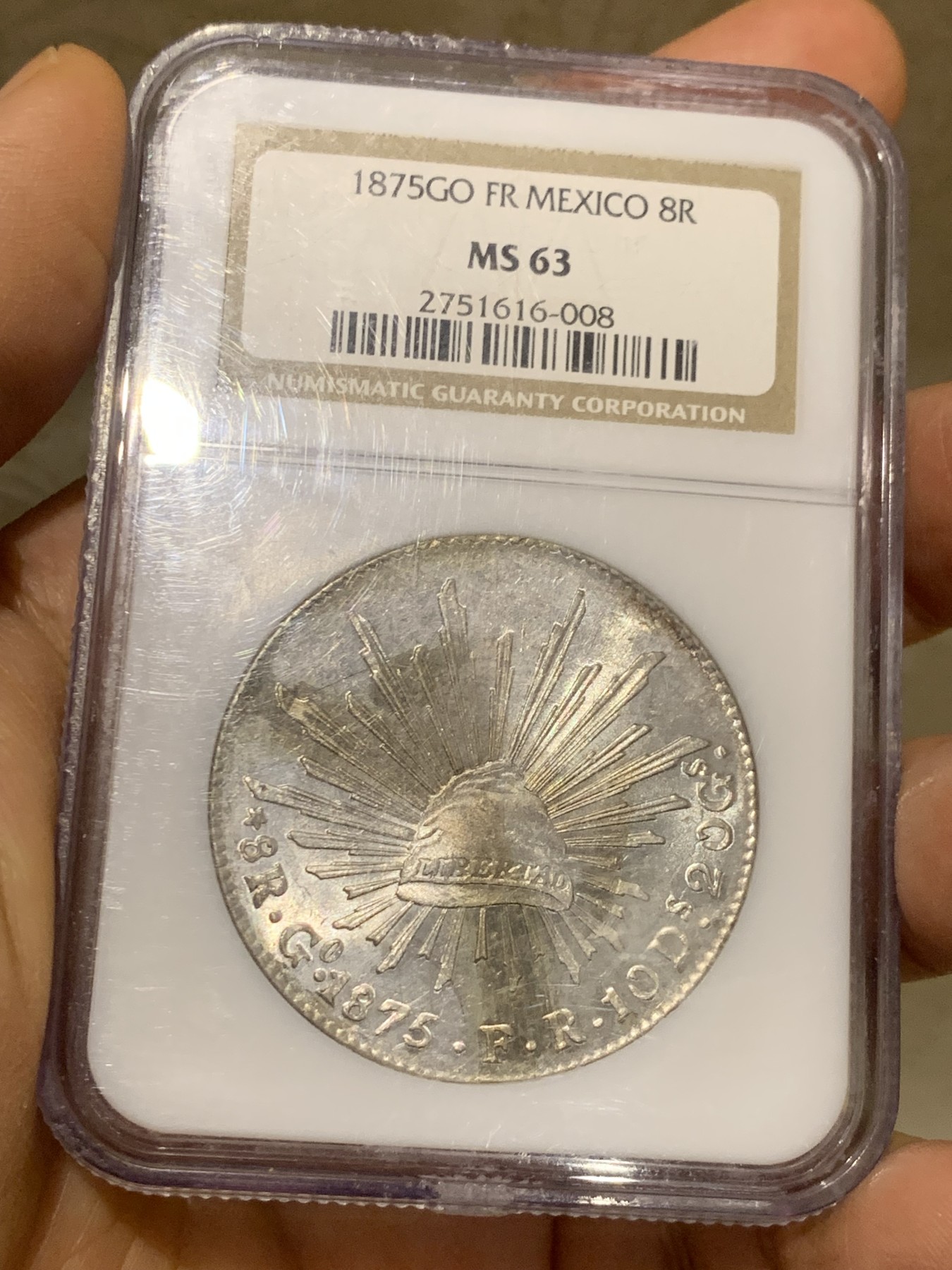 《竞宝斋》第225场-周日，周一，周二 3场 (全场包邮) NGC MS63 墨西哥1875年Go版花边鹰洋8瑞尔银币 中期鹰 状态极佳