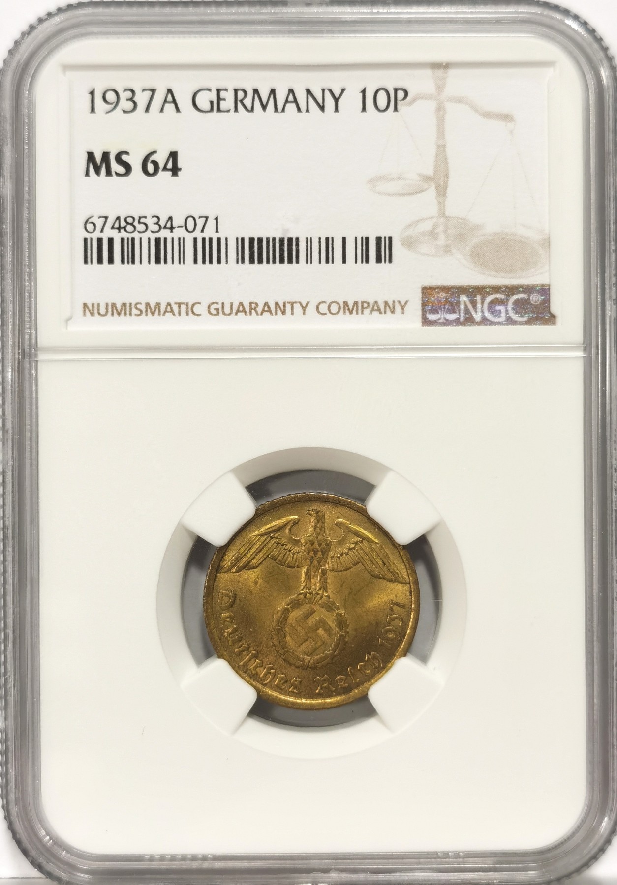 博洋堂世界钱币拍卖第057期（全场包邮） NGC MS64 德国第三帝国1937年A版10芬尼铜币