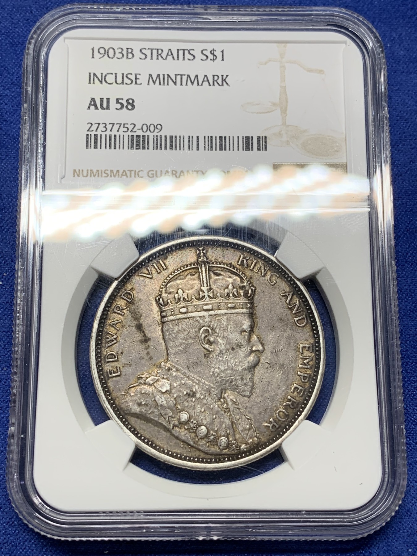 《竞宝斋》第225场-周日，周一，周二 3场 (全场包邮) NGC AU58 1903 爱七 海峡一元大样 大银币 原味深彩包浆 可藏