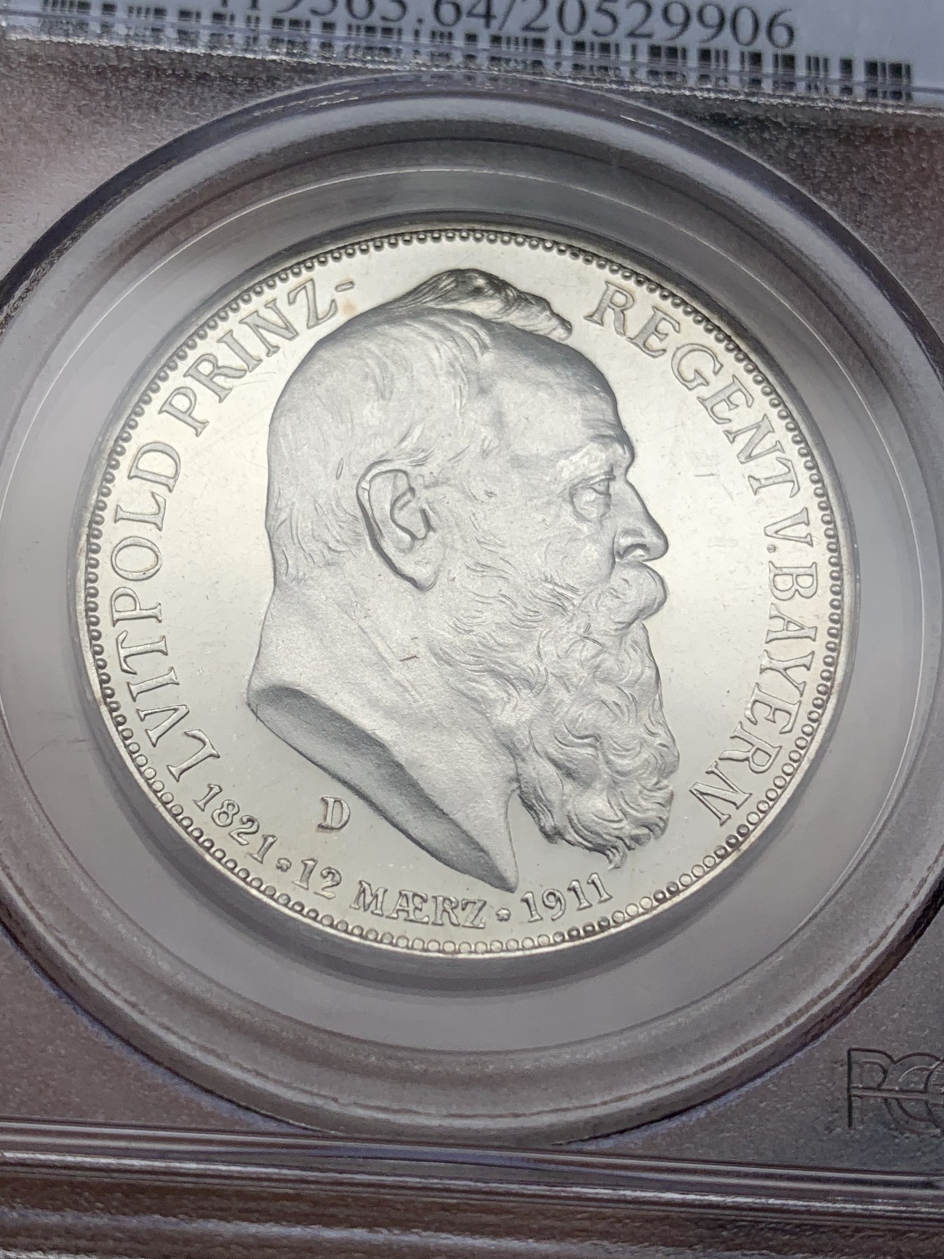 《竞宝斋》第225场-周日，周一，周二 3场 (全场包邮) PCGS-PR64CAM,德国1911年巴伐利亚纪念利奥波德90诞辰3马克精制银币，老白盒精品