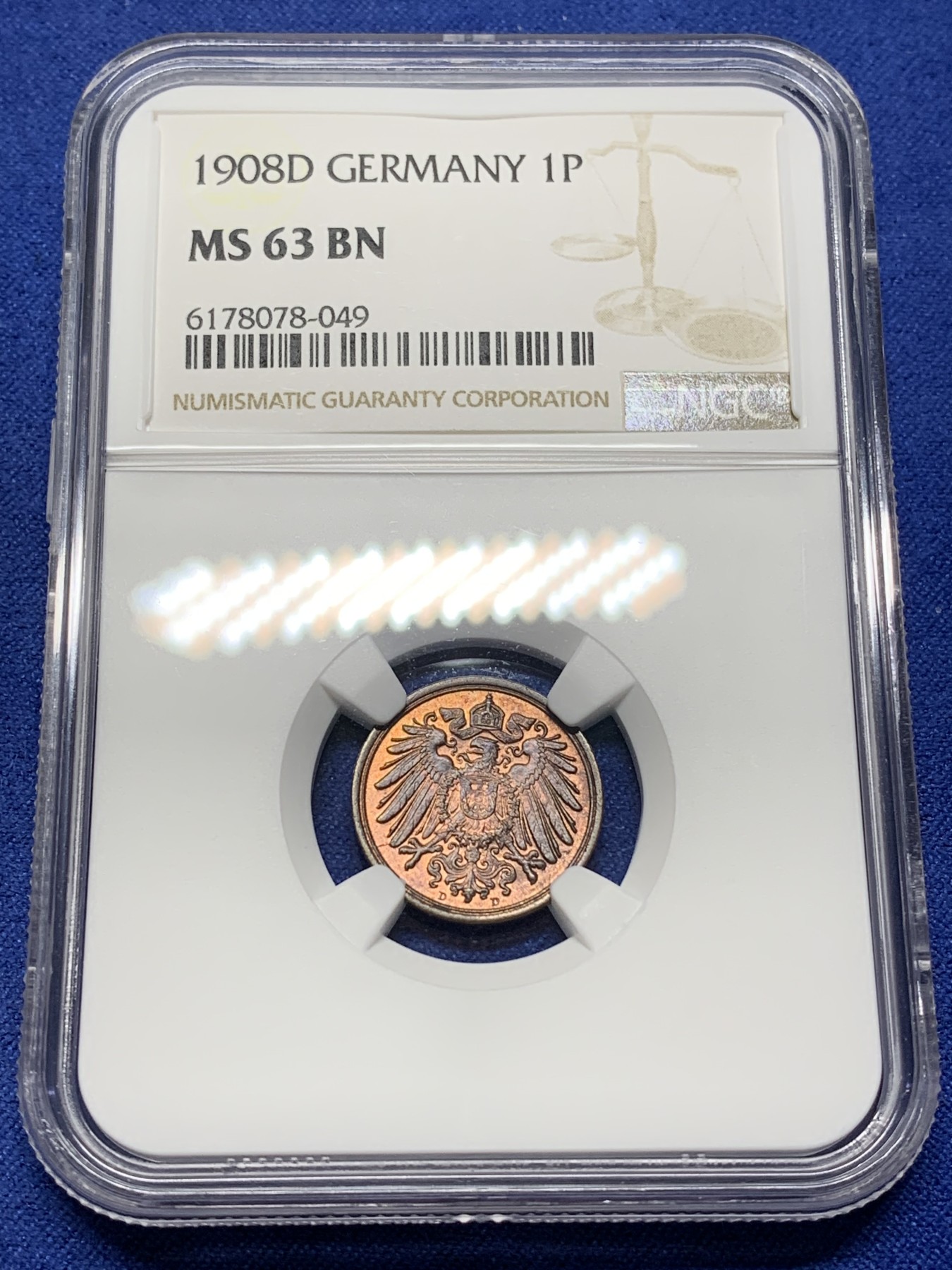 《竞宝斋》第225场-周日，周一，周二 3场 (全场包邮) NGC-MS63BN 德国（1908年）D厂1芬尼铜币 亚军分，少见厂别好品