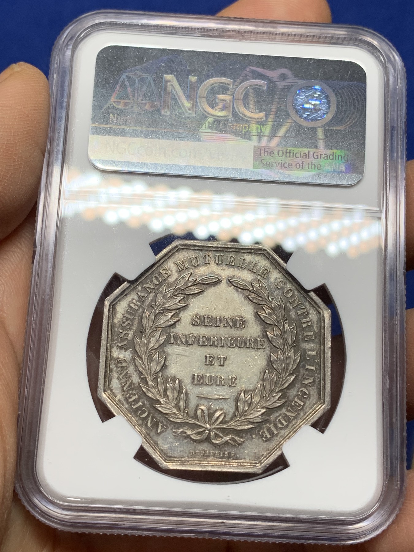 《竞宝斋》第225场-周日，周一，周二 3场 (全场包邮) NGC-MS62 法国1843年 塞纳河仙鹤 大型八角银质JETON 顶级好品