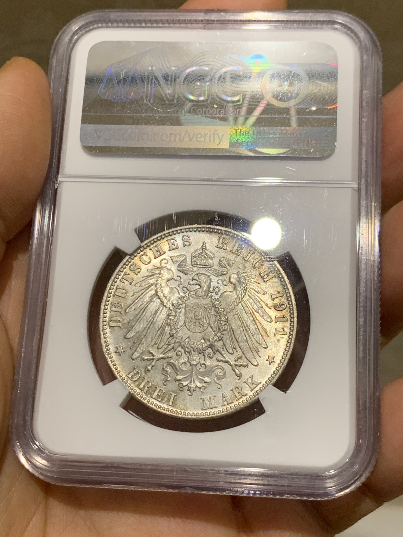 《竞宝斋》第225场-周日，周一，周二 3场 (全场包邮) NGC MS65 德国1911年巴伐利亚柳特波德90大寿3马克银币