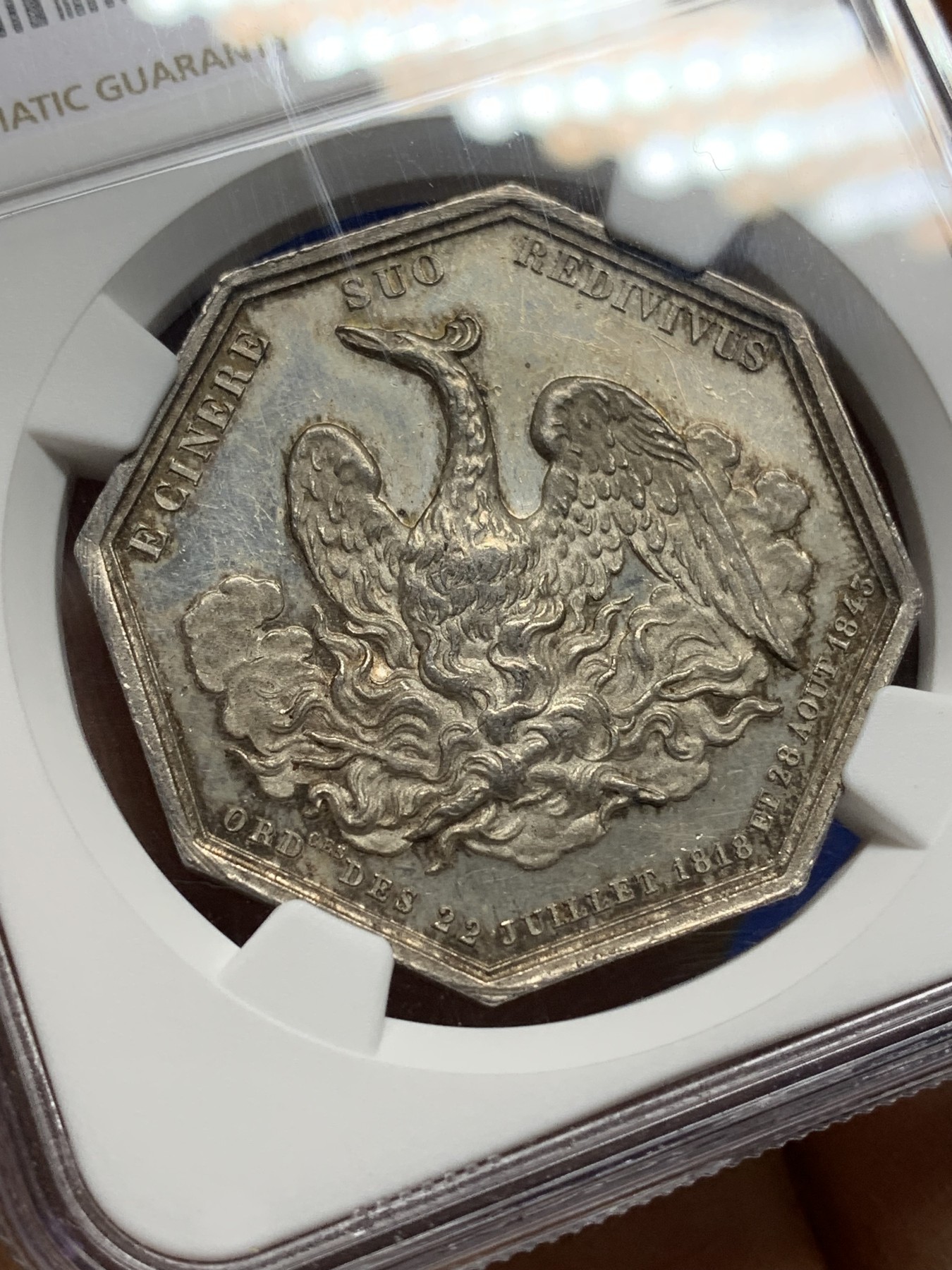 《竞宝斋》第225场-周日，周一，周二 3场 (全场包邮) NGC-MS62 法国1843年 塞纳河仙鹤 大型八角银质JETON 顶级好品