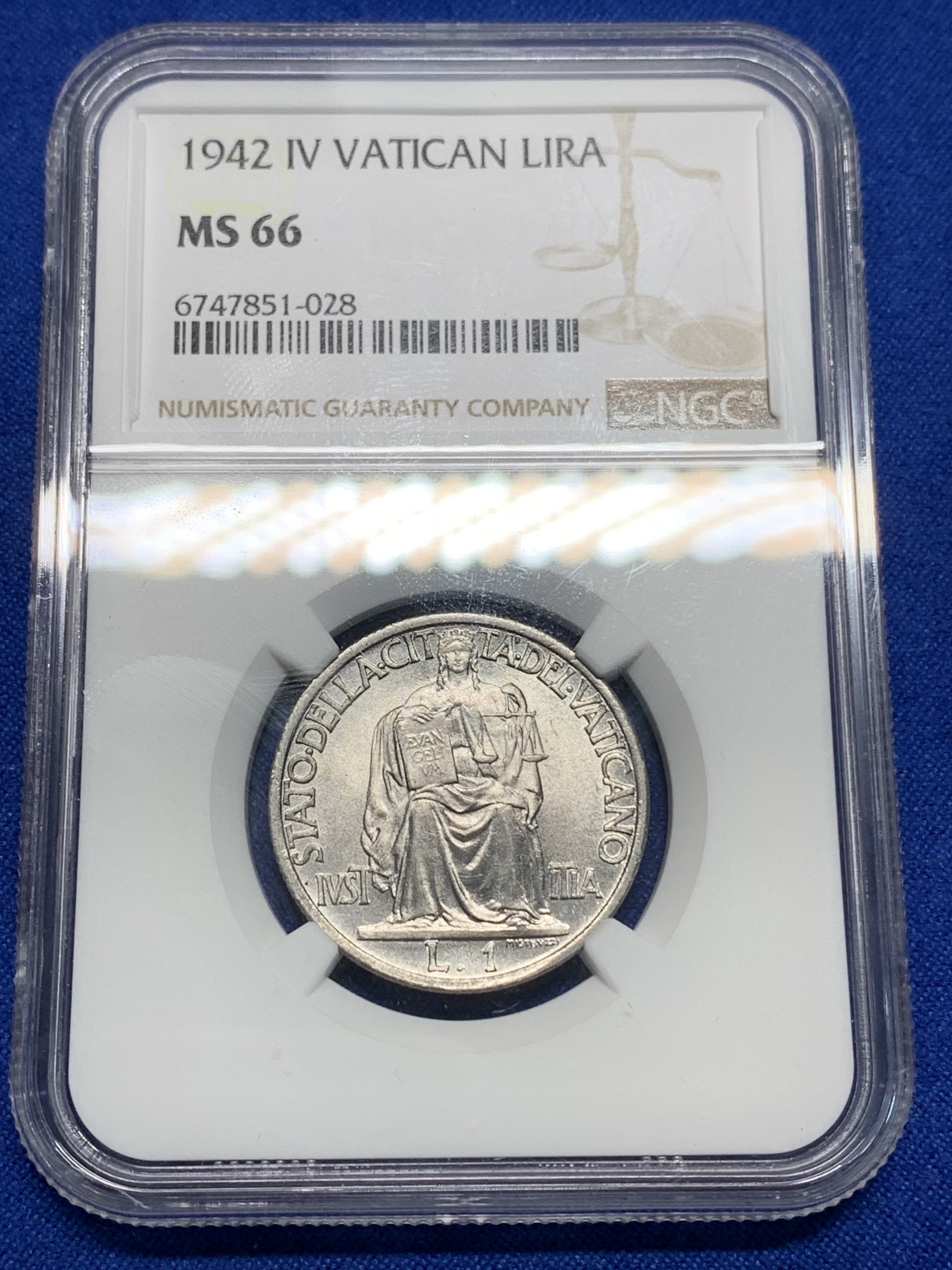 《竞宝斋》第225场-周日，周一，周二 3场 (全场包邮) NGC-MS66 梵蒂冈1942年1里拉镍币，亚军分高分，喜欢的不要错过了