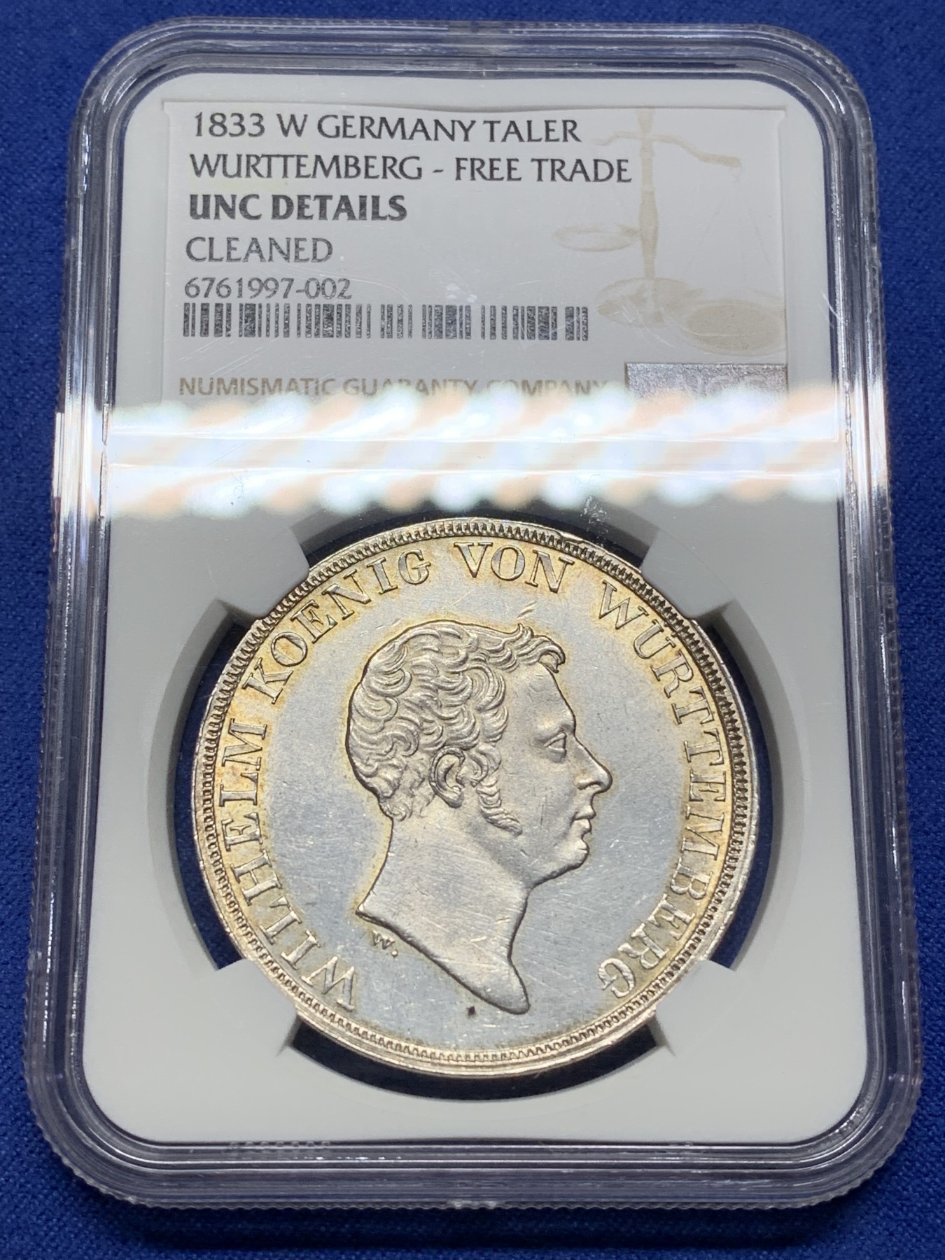 《竞宝斋》第225场-周日，周一，周二 3场 (全场包邮) NGC UNC 德国 1833年 符腾堡 威廉一世 自由贸易流通1泰勒 大银币 重29.49g的早期皇冠泰勒 UNC 性价比好