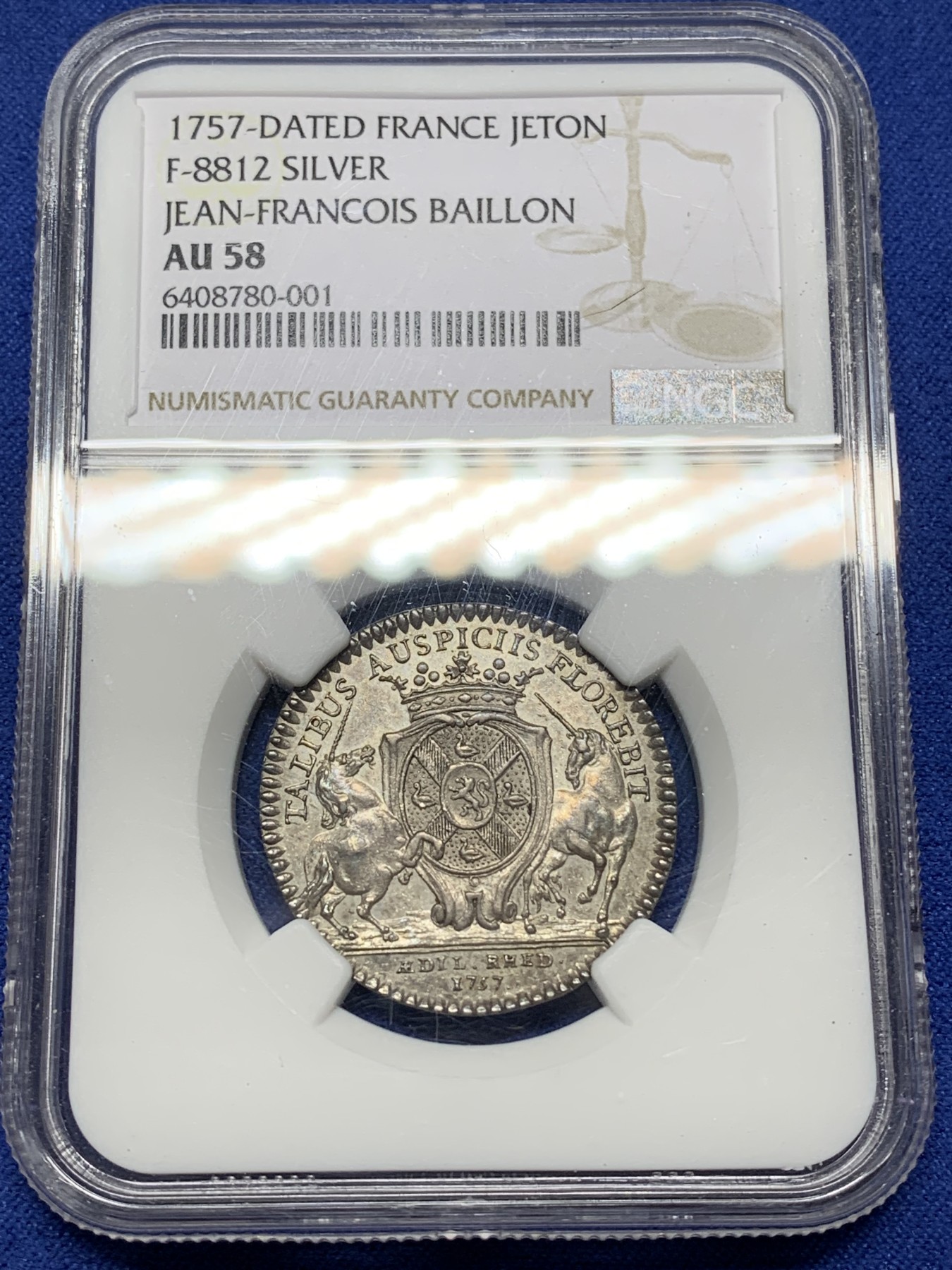 《竞宝斋》第225场-周日，周一，周二 3场 (全场包邮) NGC-AU58 法国1757年 天马盾徽 JETON 银质 非常罕见的版式