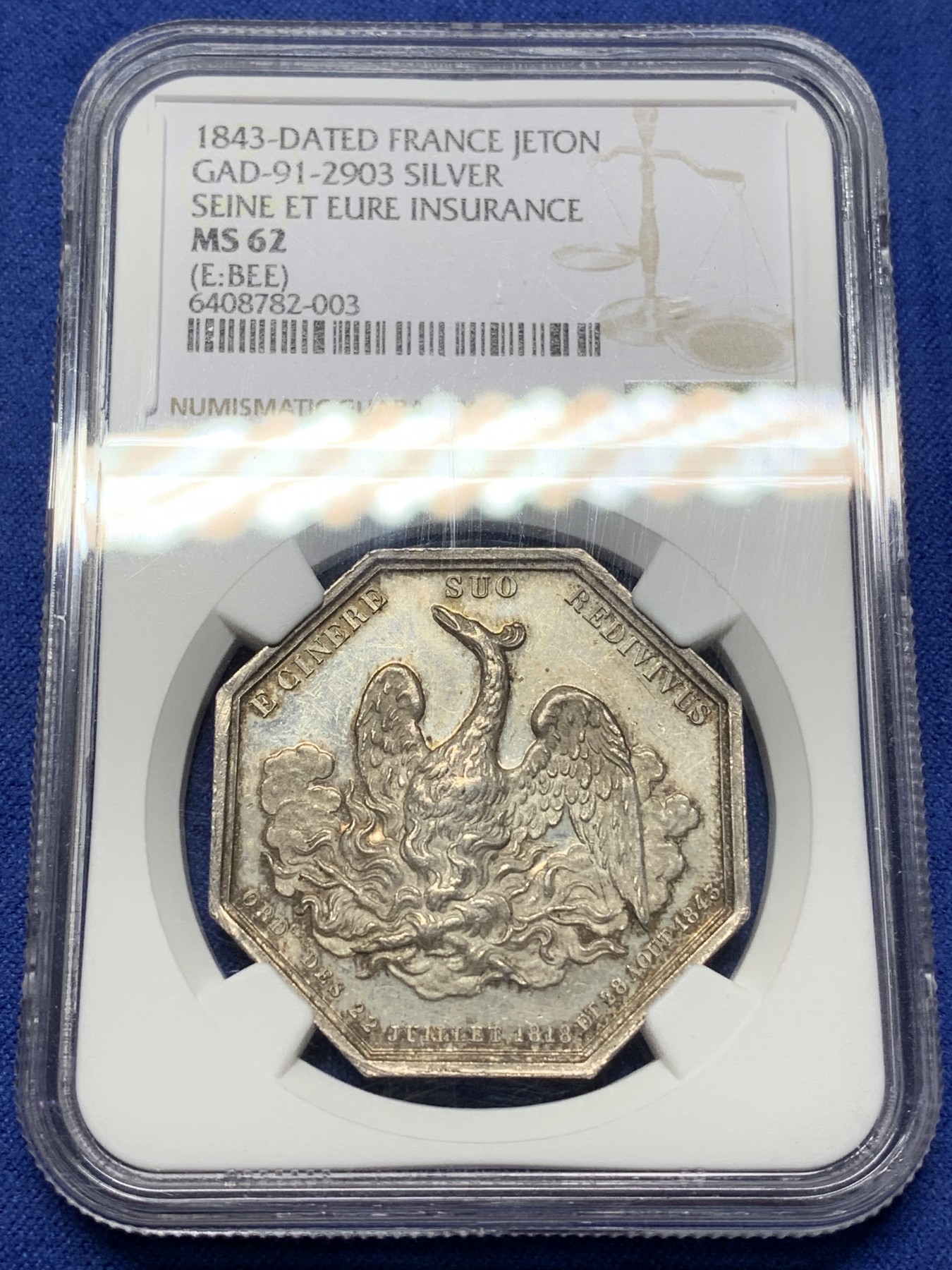 《竞宝斋》第225场-周日，周一，周二 3场 (全场包邮) NGC-MS62 法国1843年 塞纳河仙鹤 大型八角银质JETON 顶级好品