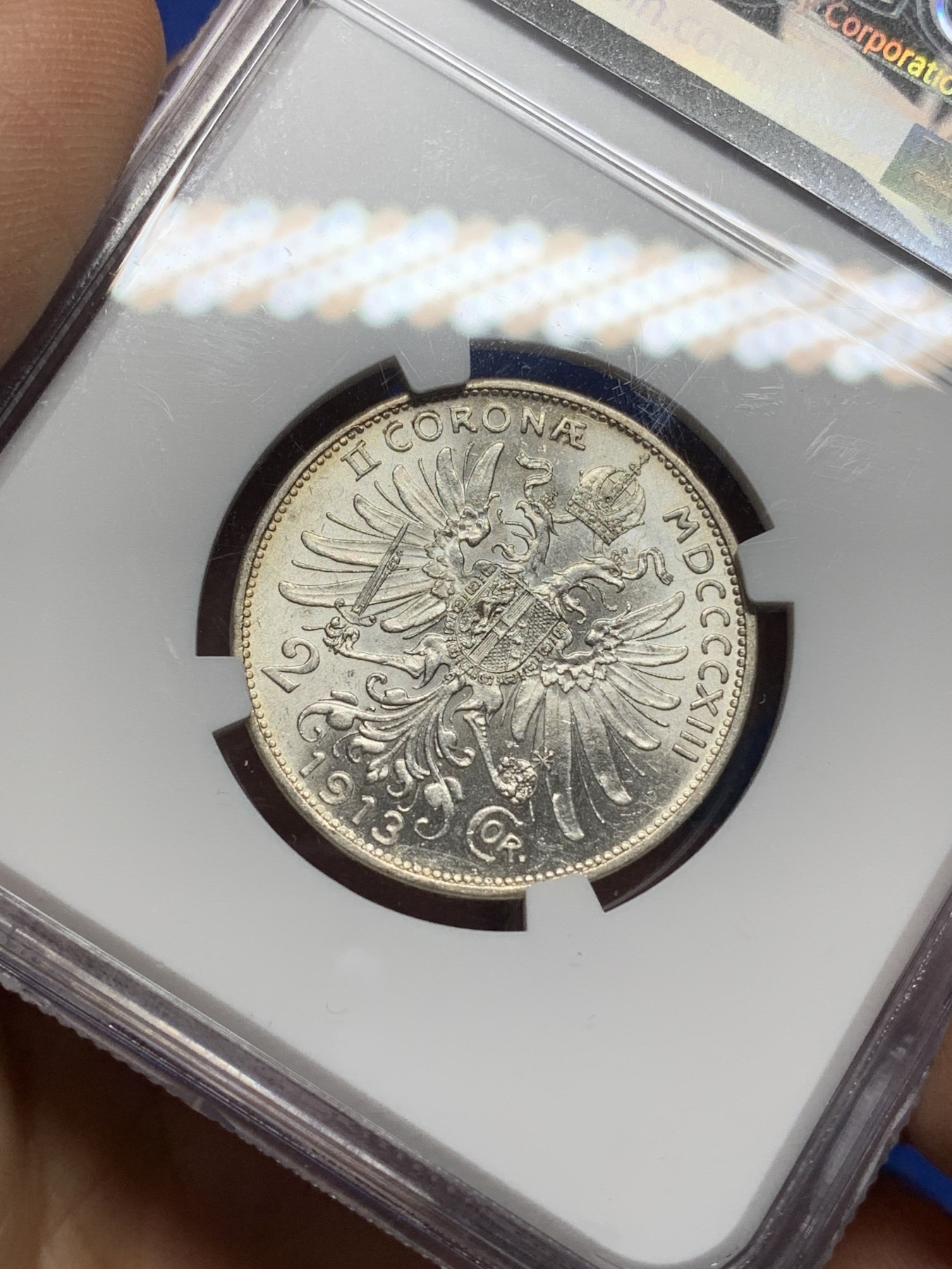 《竞宝斋》第225场-周日，周一，周二 3场 (全场包邮) NGC-MS62 奥匈帝国1913年2克朗银币 转光很好