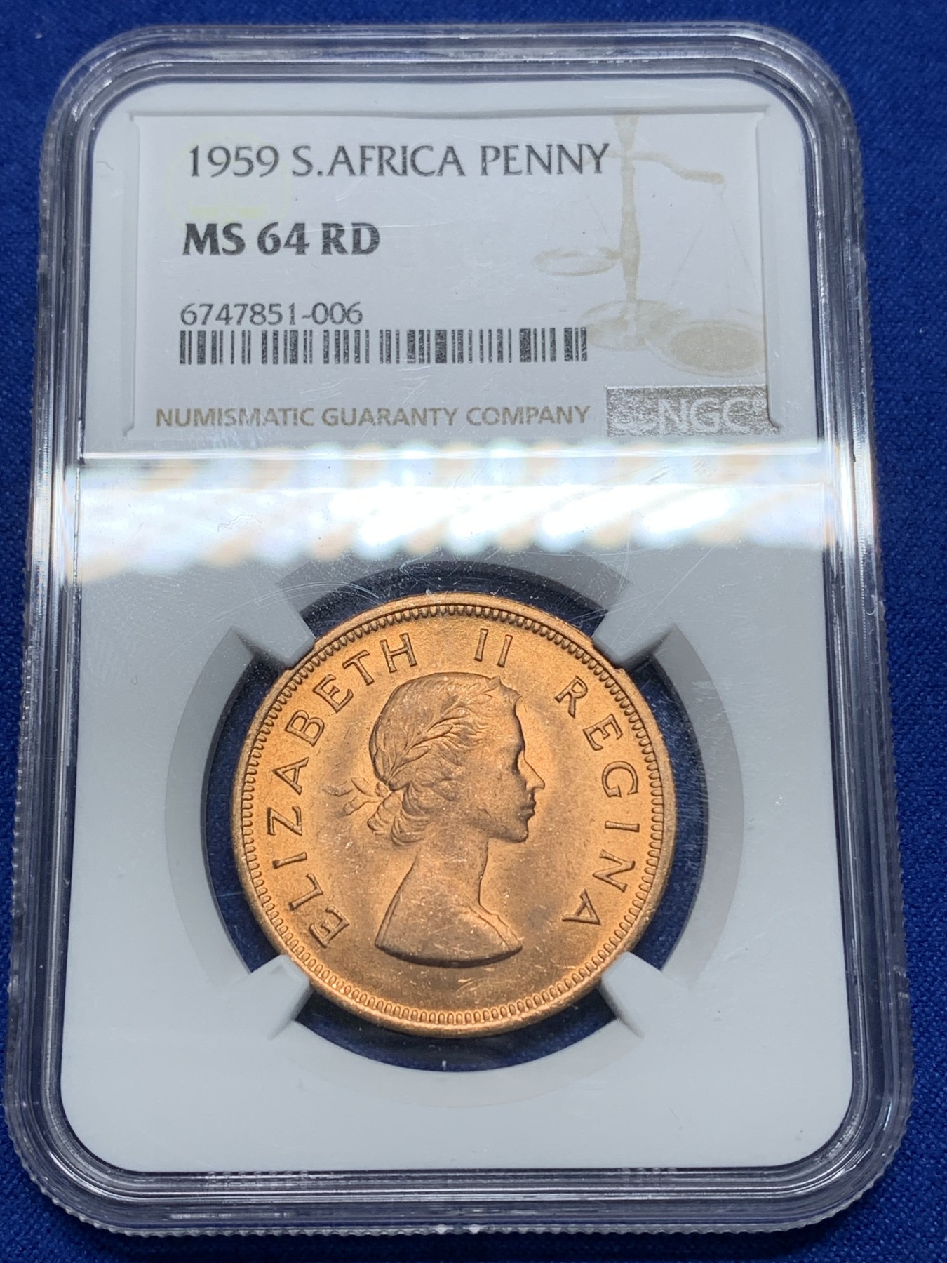 《竞宝斋》第225场-周日，周一，周二 3场 (全场包邮) NGC-MS64 伊丽莎白二世1959年英属南非1便士铜币，光度好收藏一步到位