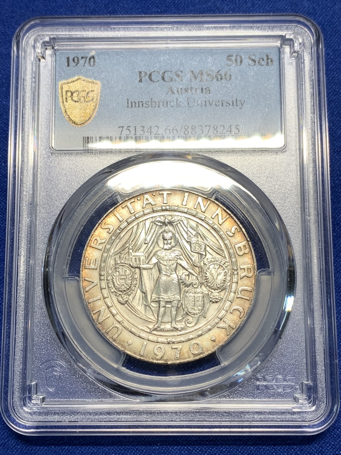 《竞宝斋》第225场-周日，周一，周二 3场 (全场包邮) PCGS MS66 1970年奥地利50先令纪念银币 仅一枚更高分 非常漂亮的环彩！