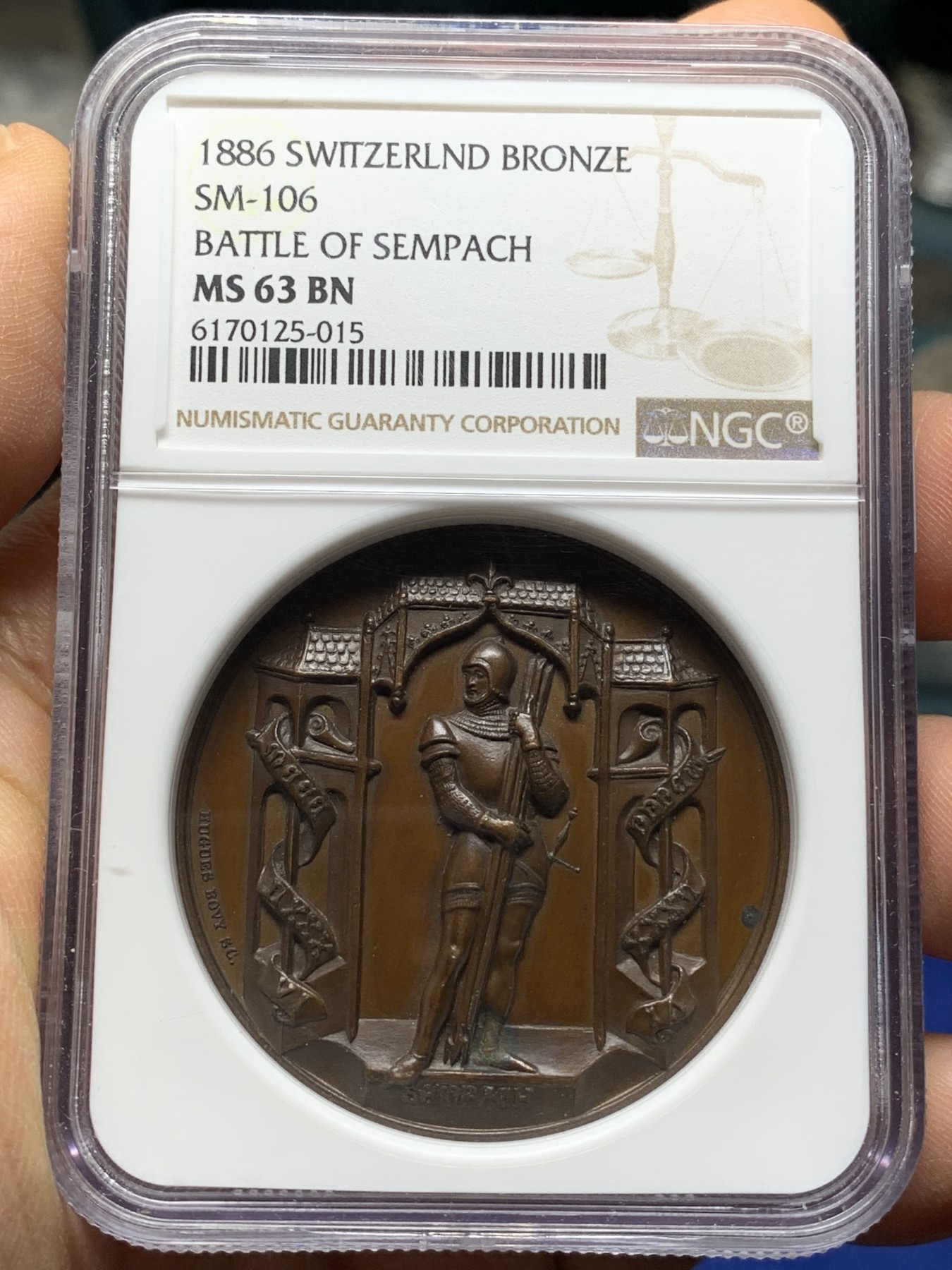 《竞宝斋》第225场-周日，周一，周二 3场 (全场包邮) NGC MS63 瑞士1886森帕赫战役纪念铜章 加厚盒