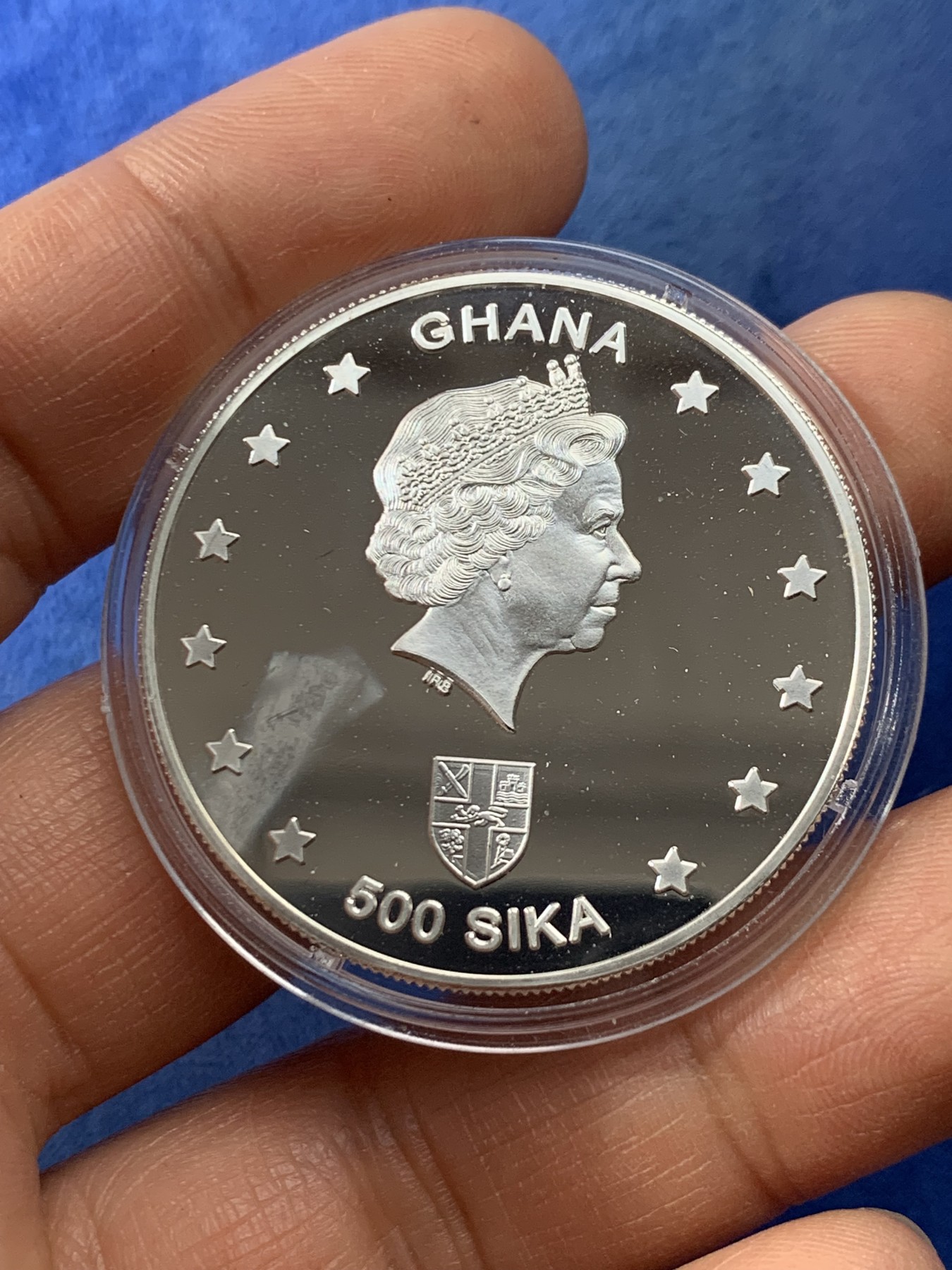 《竞宝斋》第225场-周日，周一，周二 3场 (全场包邮) 加纳臆造币2002年腓尼基航海家500西卡银币 24.93克