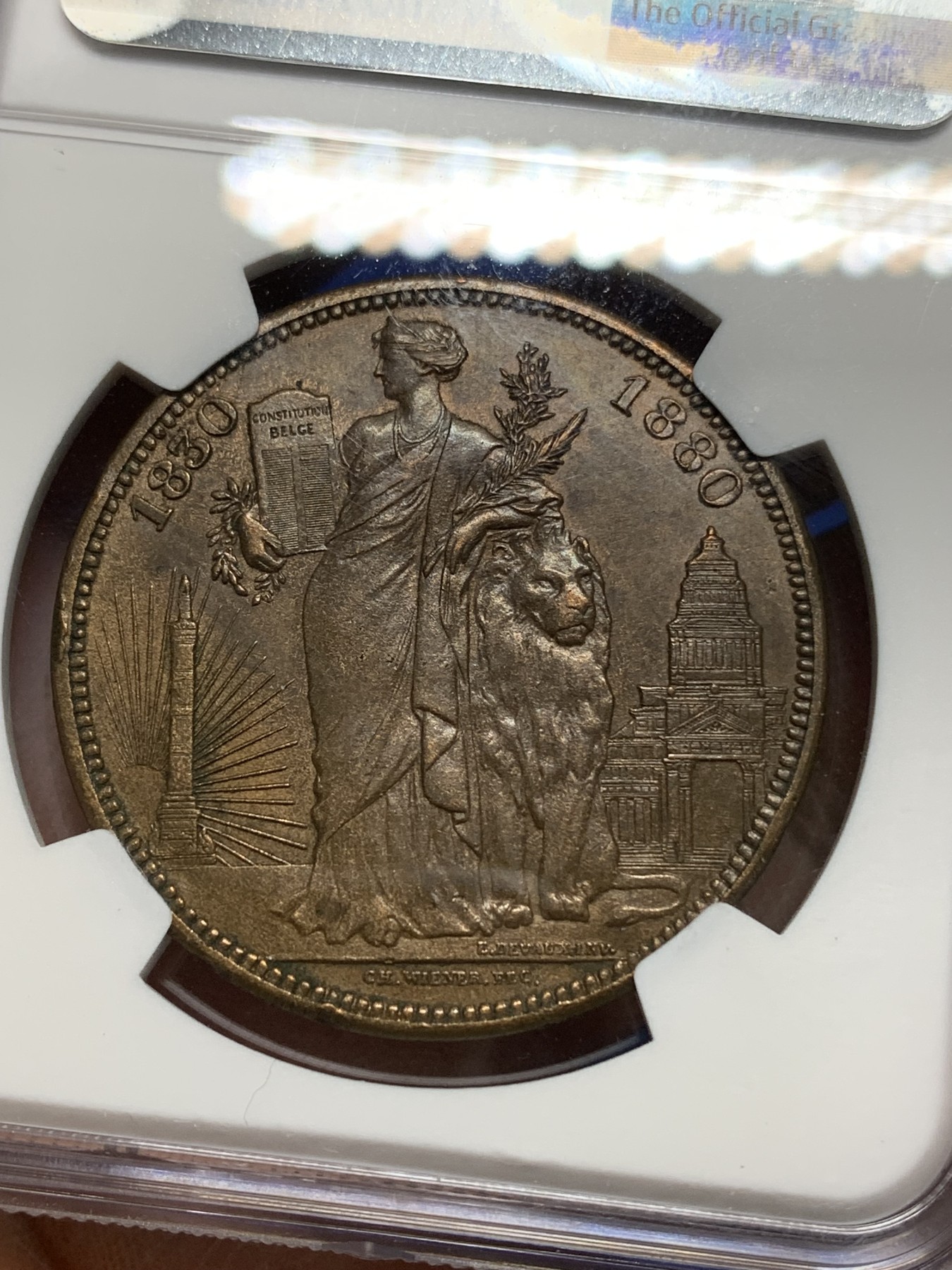 《竞宝斋》第225场-周日，周一，周二 3场 (全场包邮) NGC AUD 1880年比利时5法郎铜章