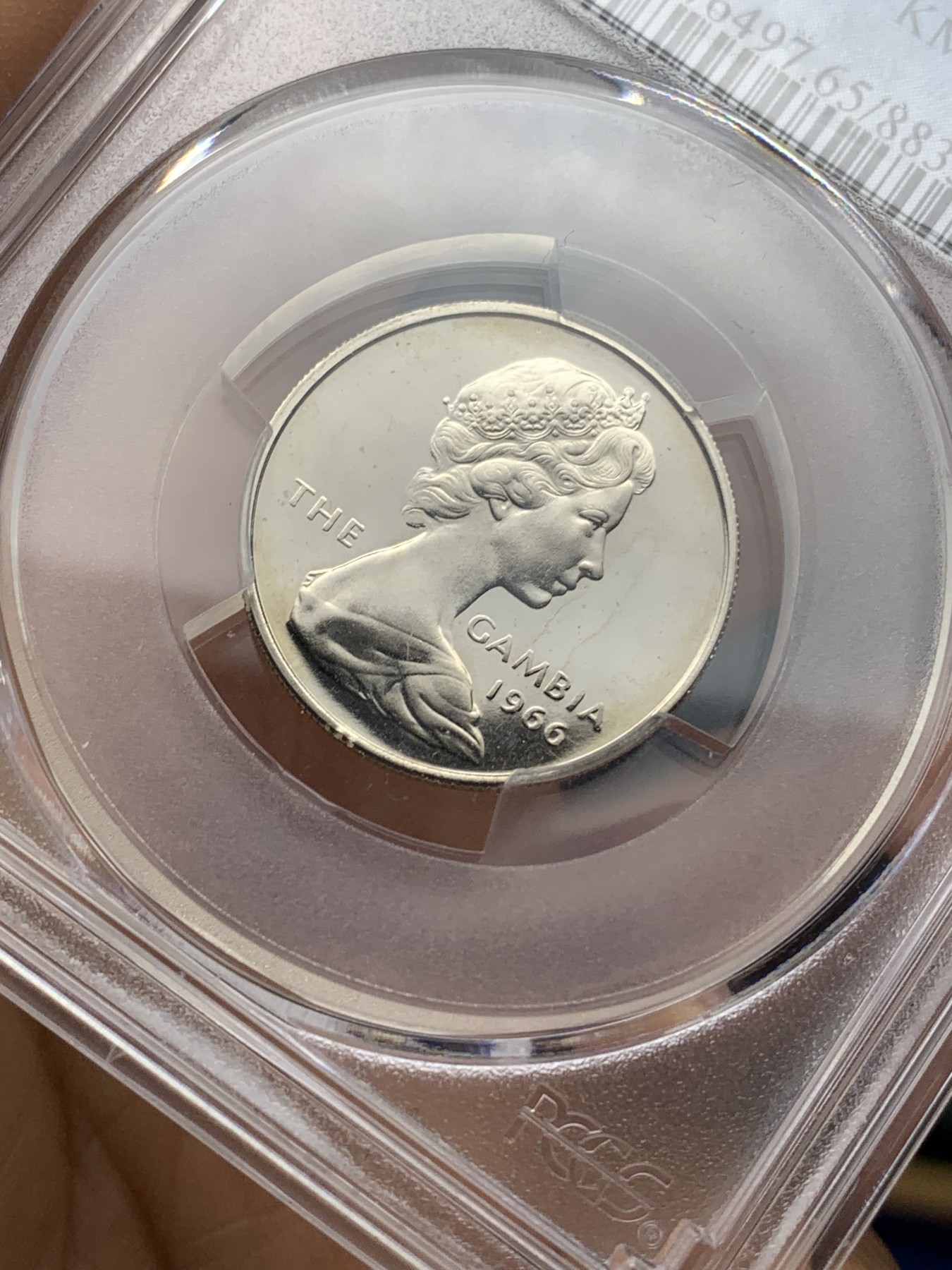 《竞宝斋》第225场-周日，周一，周二 3场 (全场包邮) PCGS金盾 PR65DCAM 冈比亚1966年棕榈树1先令精制镍币