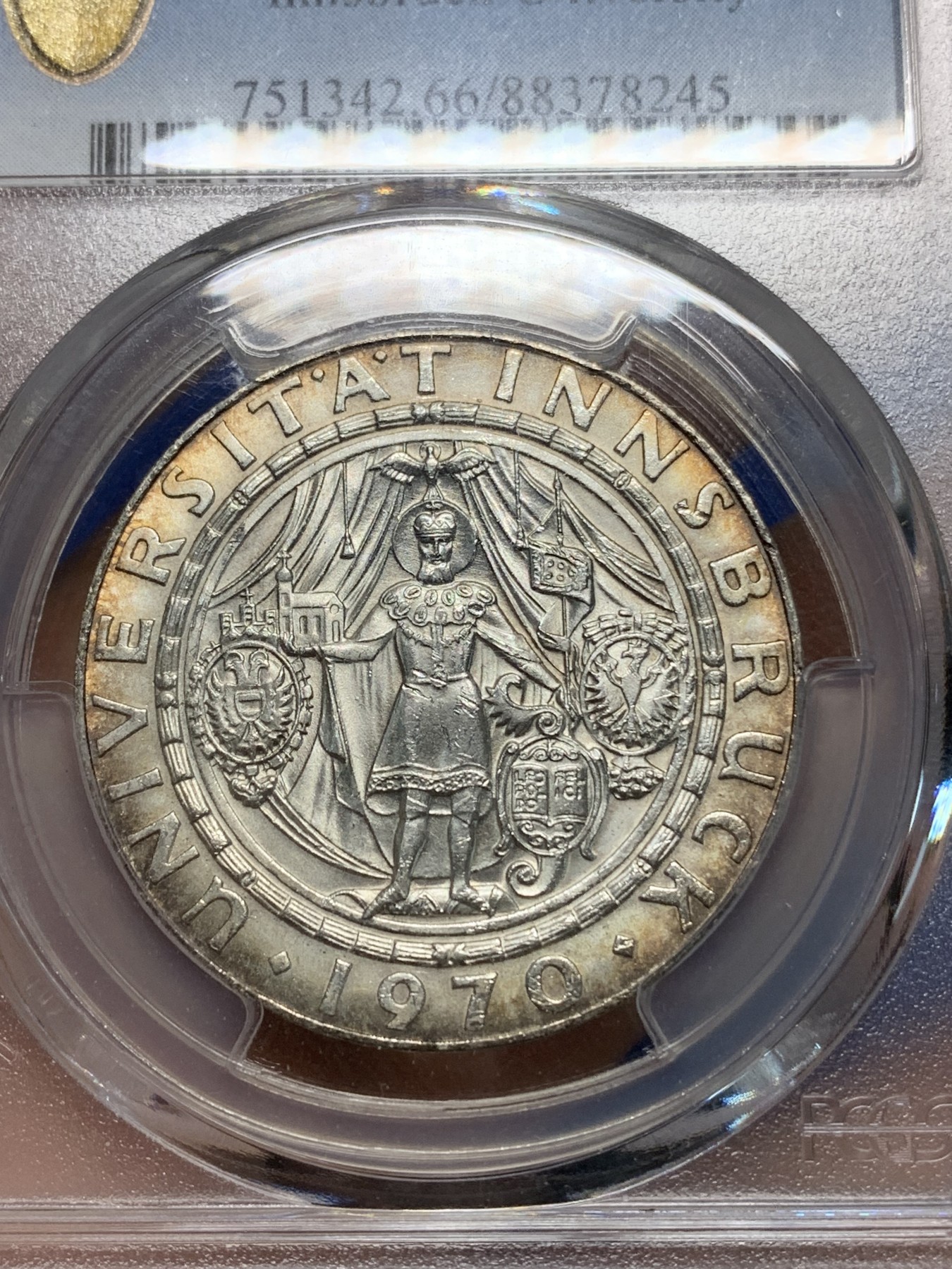 《竞宝斋》第225场-周日，周一，周二 3场 (全场包邮) PCGS MS66 1970年奥地利50先令纪念银币 仅一枚更高分 非常漂亮的环彩！